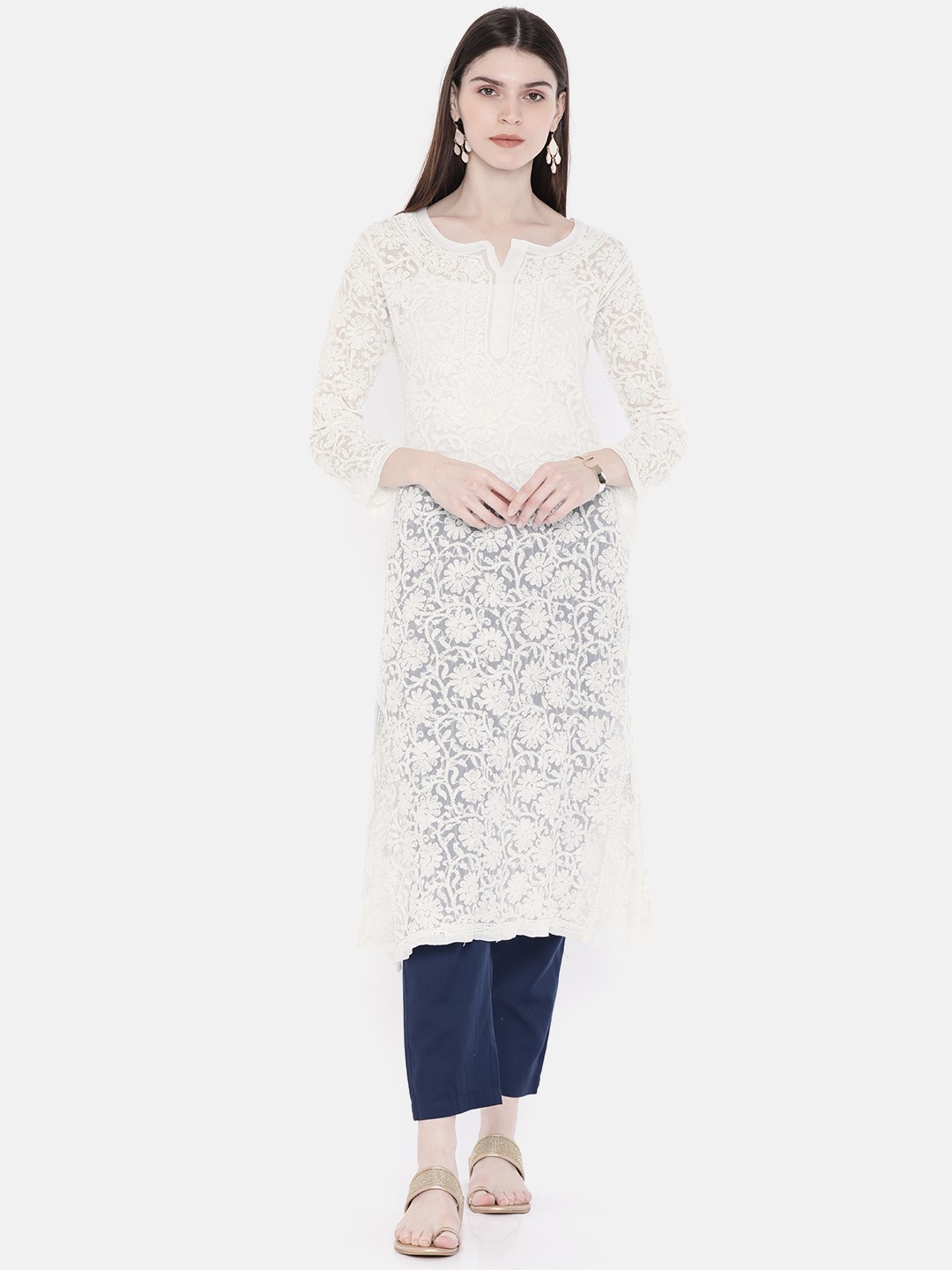 

ADA Women White Chikankari Embroidered Straight Sustainable Handloom Kurta