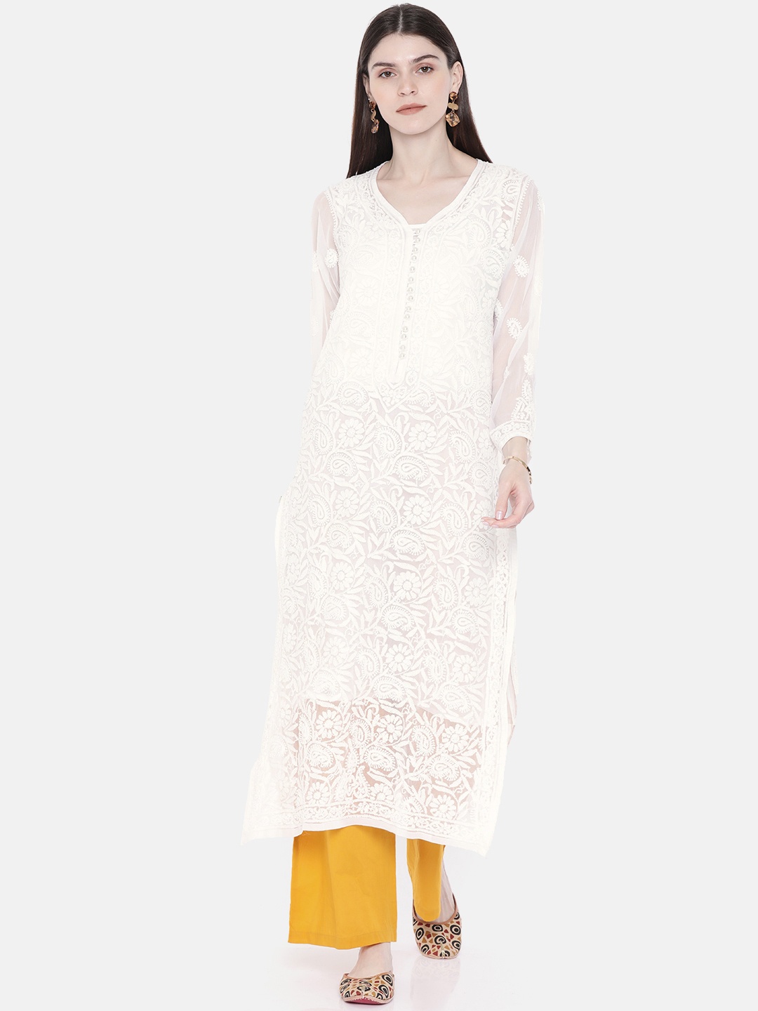 

ADA Women White Embroidered Lucknow Chikankari Straight Sustainable Handloom Kurta With Slip