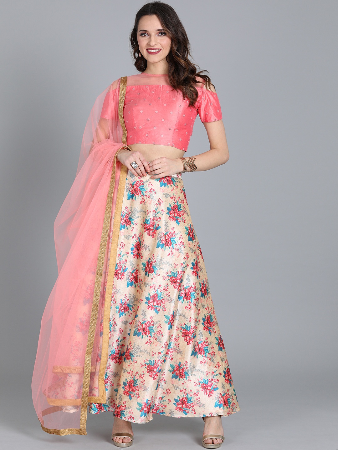 

Ethnovog Pink Beige Printed Made to Measure Lehenga With Blouse Dupatta