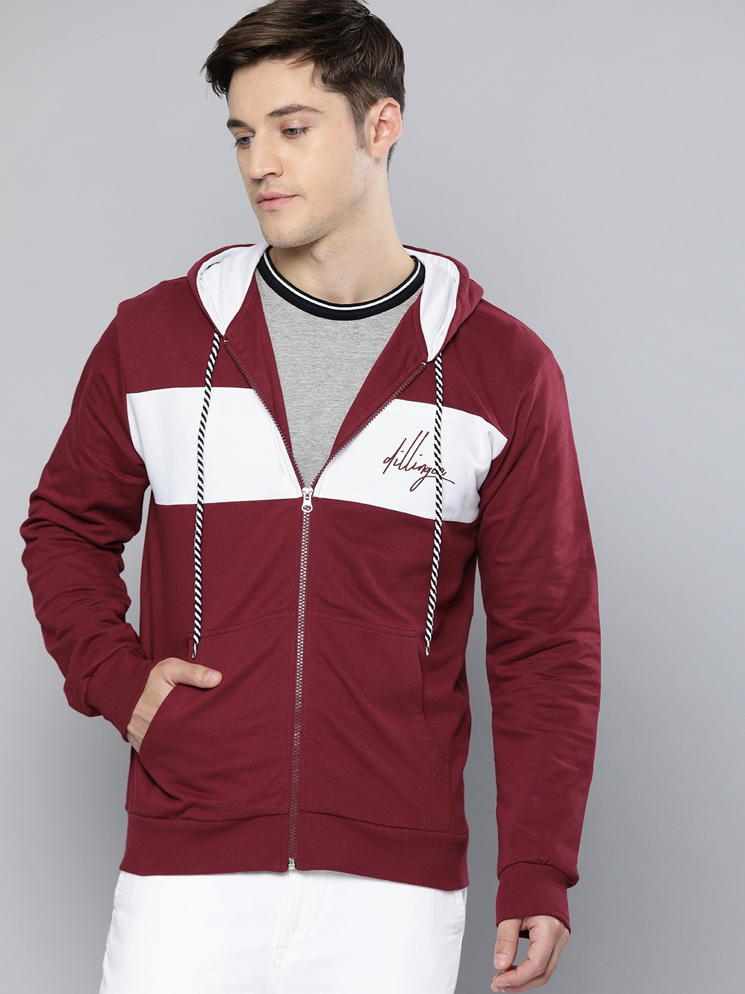 

DILLINGER Men Maroon & White Colourblocked Hooded Sweatshirt