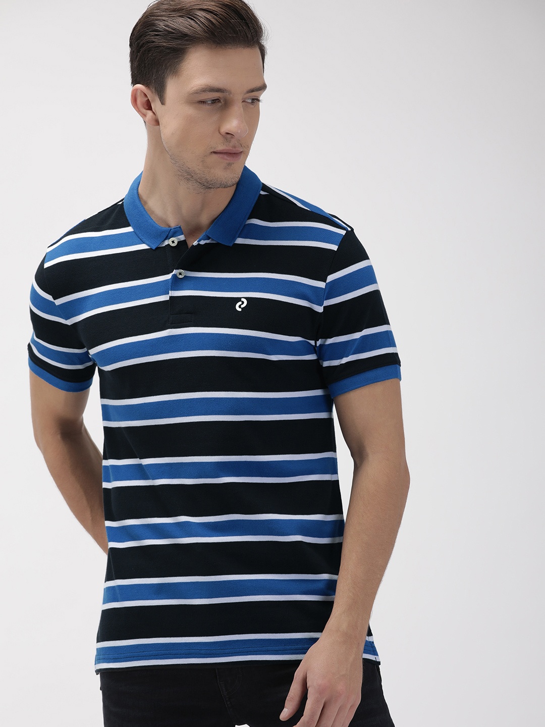 

Denizen From Levis Men Black Blue Striped Polo Collar Pure Cotton T-shirt