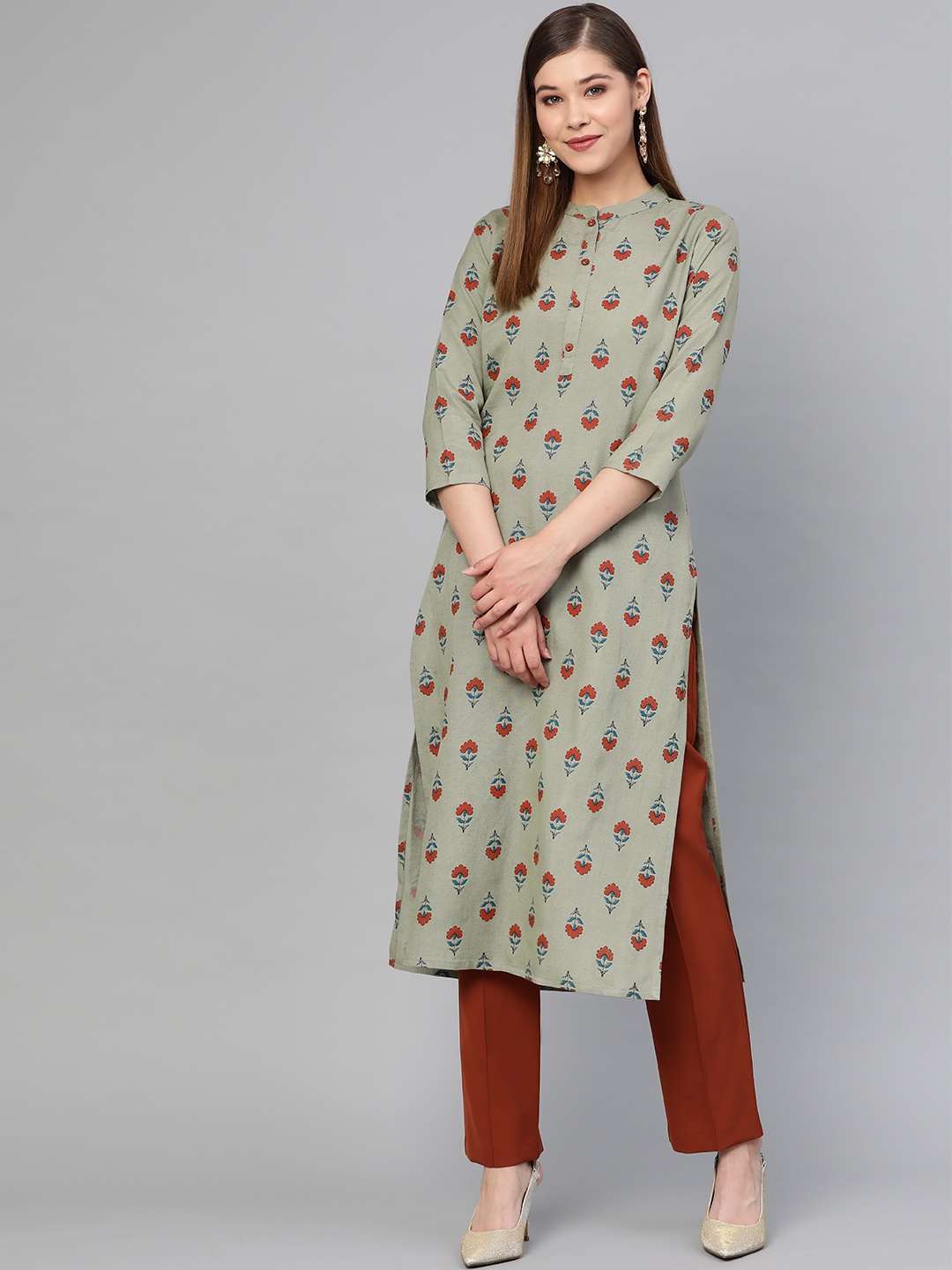 

Yufta Women Grey Printed Straight Kurta