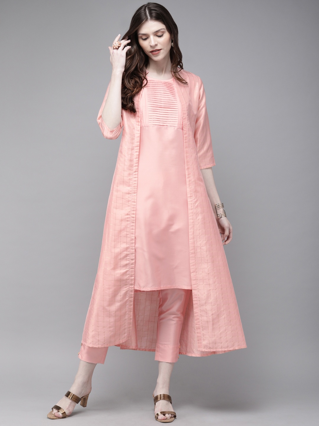 

Alena Women Peach-Coloured Checked Layered Fusion Kurta with Trousers and Ethnic Jacket