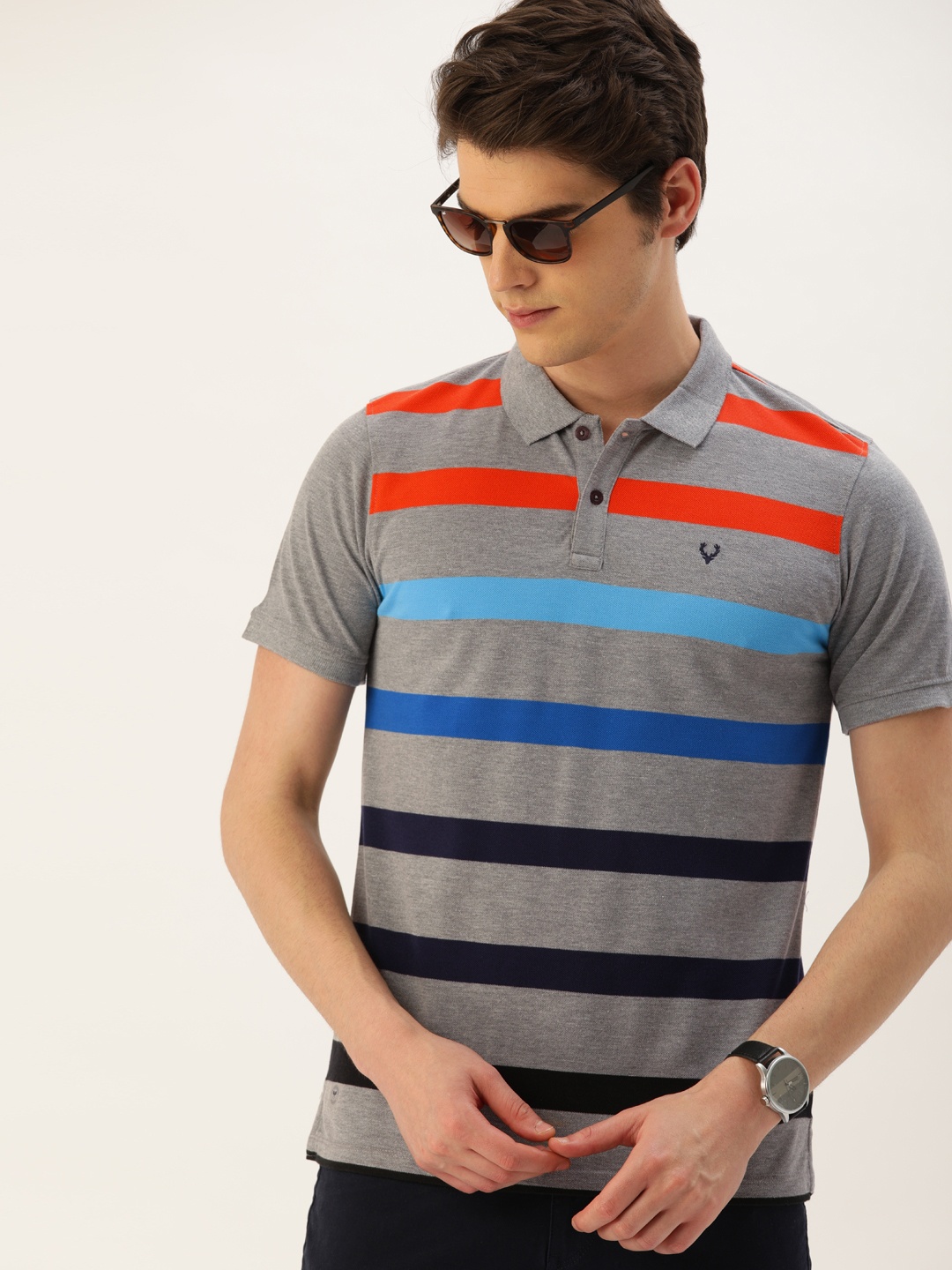 

Allen Solly Sport Men Grey & Blue Striped Polo Collar T-shirt