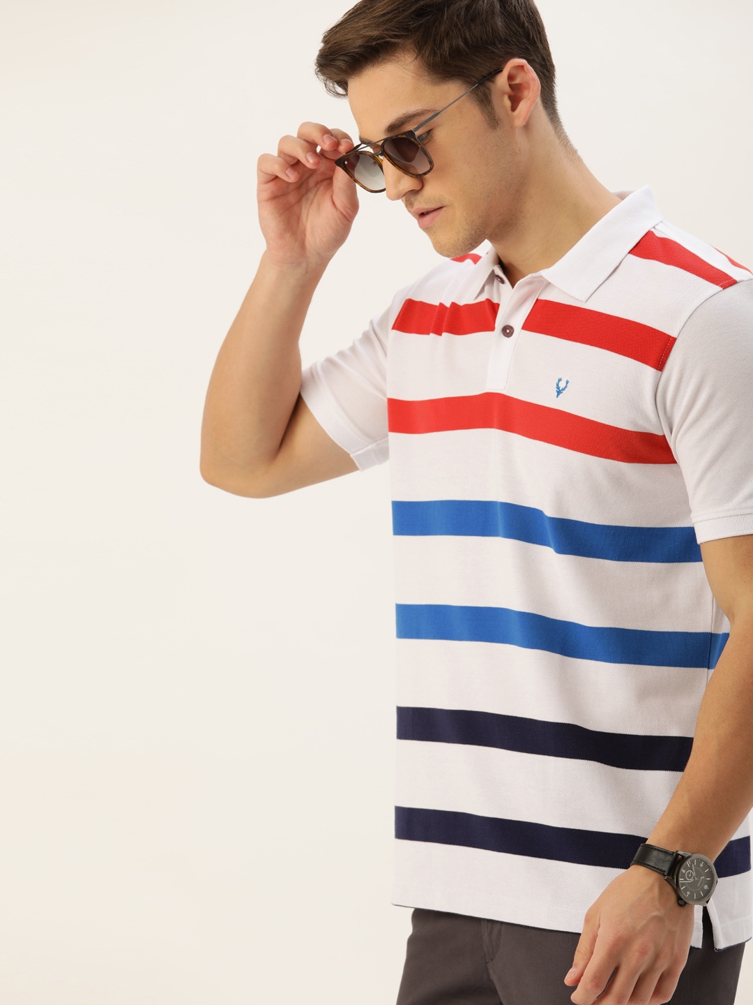 

Allen Solly Sport Men White & Blue Striped Polo Collar T-shirt