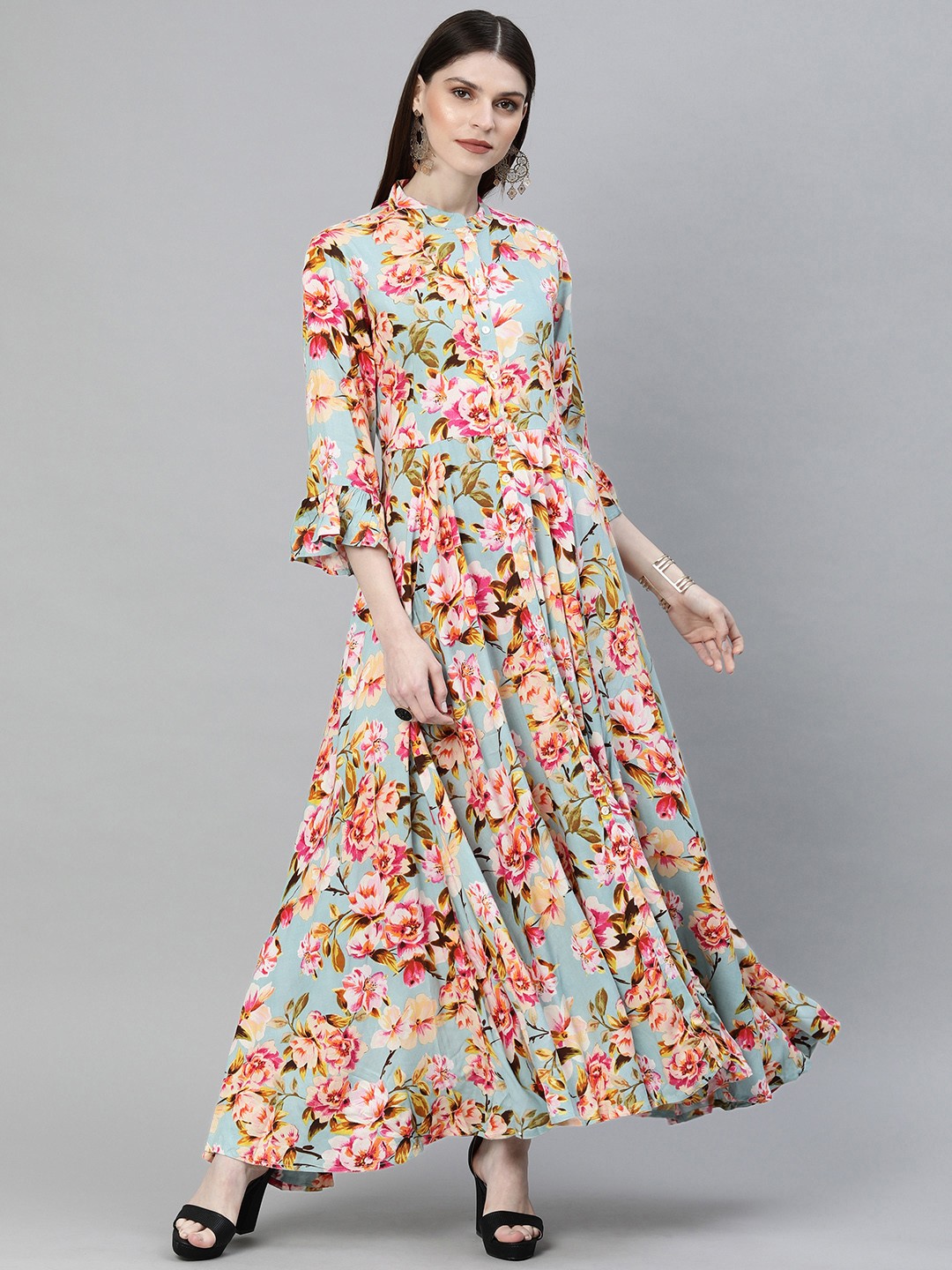 

Divena Women Turquoise Blue & Pink Printed Floor Length Anarkali Kurta
