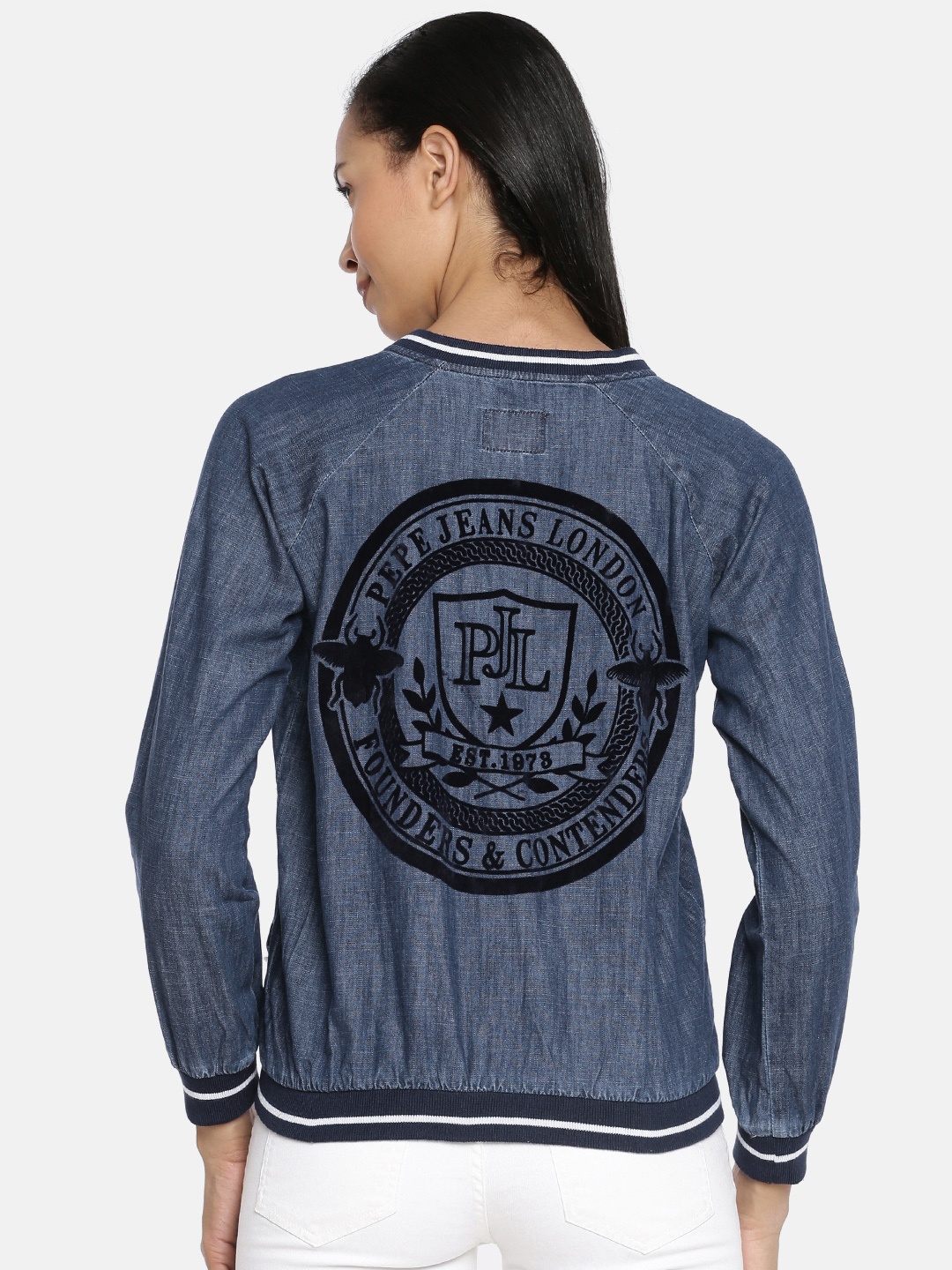 

Pepe Jeans Women Blue Chambray Solid Lightweight Bomber Jacket