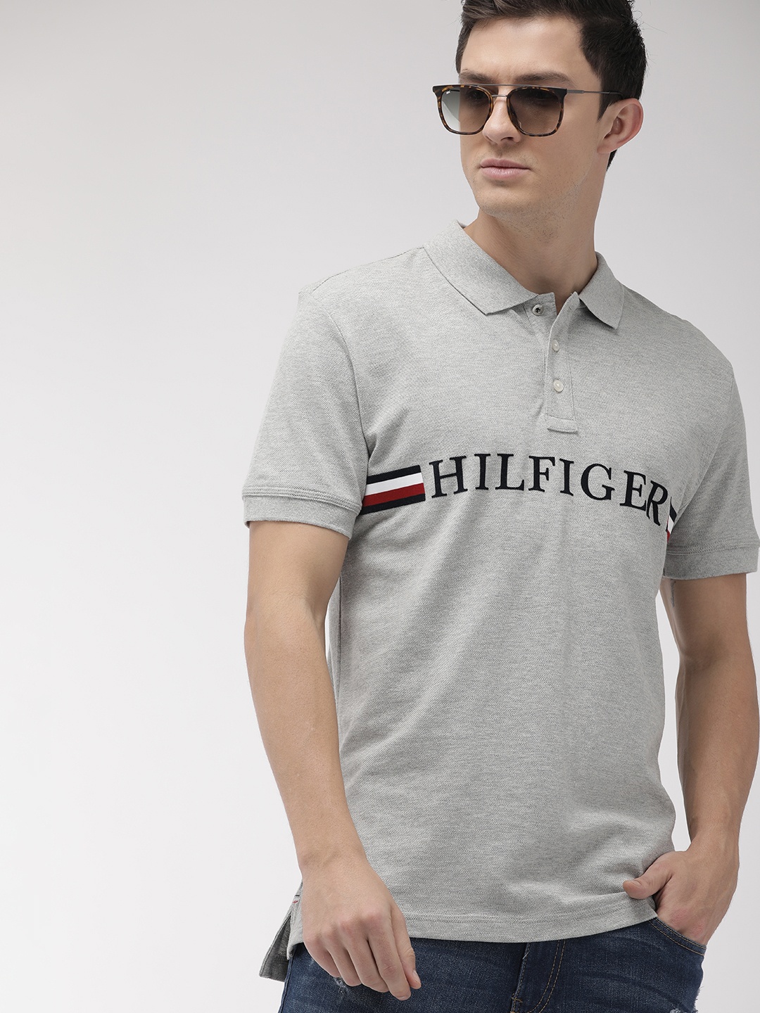 

Tommy Hilfiger Men Grey Printed Polo Collar Pure Cotton T-shirt