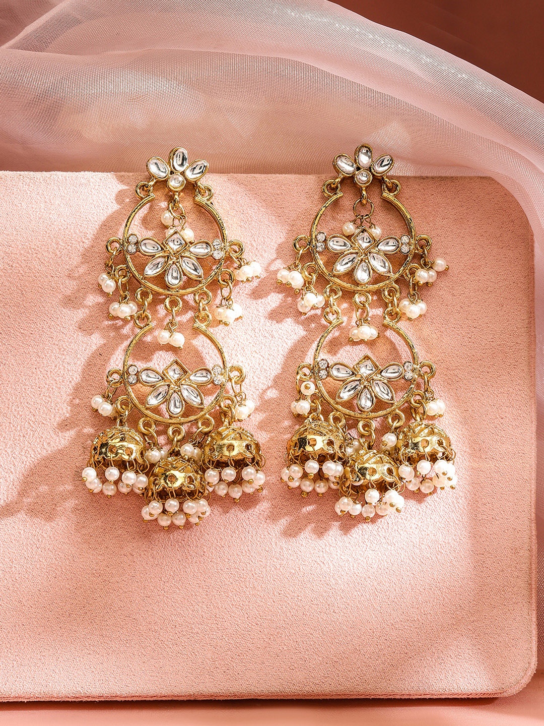 

Rubans 18K Gold Plated Kundan Studded Pearl Beaded Jhumka Earrings