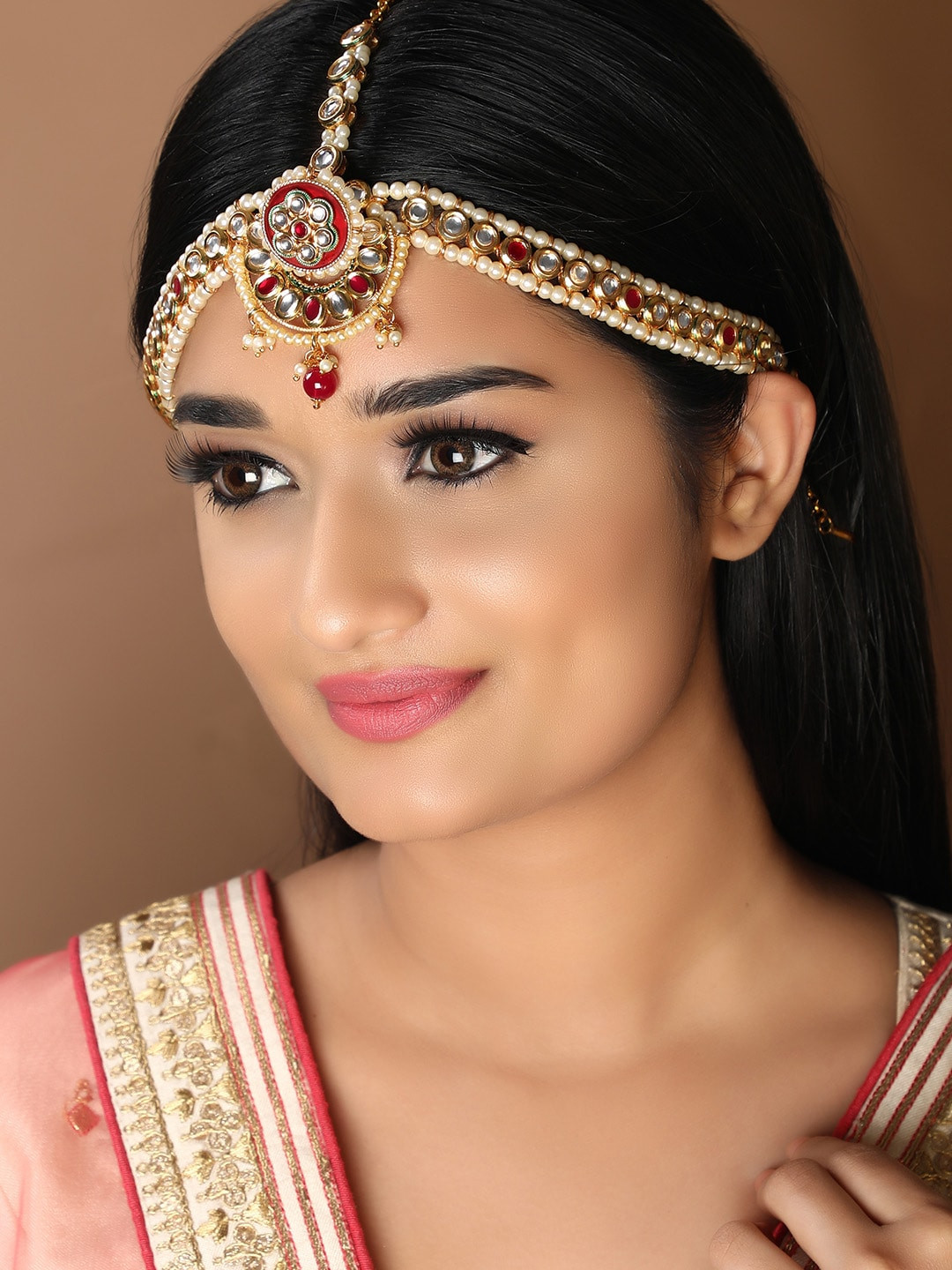 

Rubans Gold-Plated White & Red Kundan Studded Matha Patti