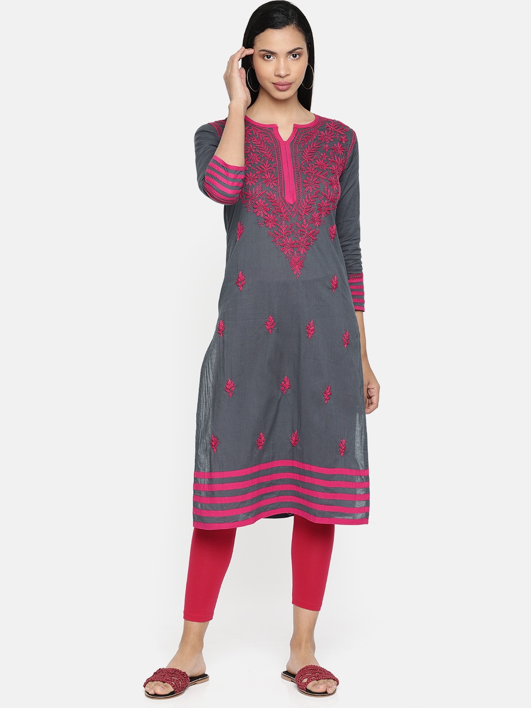

ADA Women Charcoal Grey & Pink Floral Embroidered Straight Chikankari Sustainable Handloom Kurta