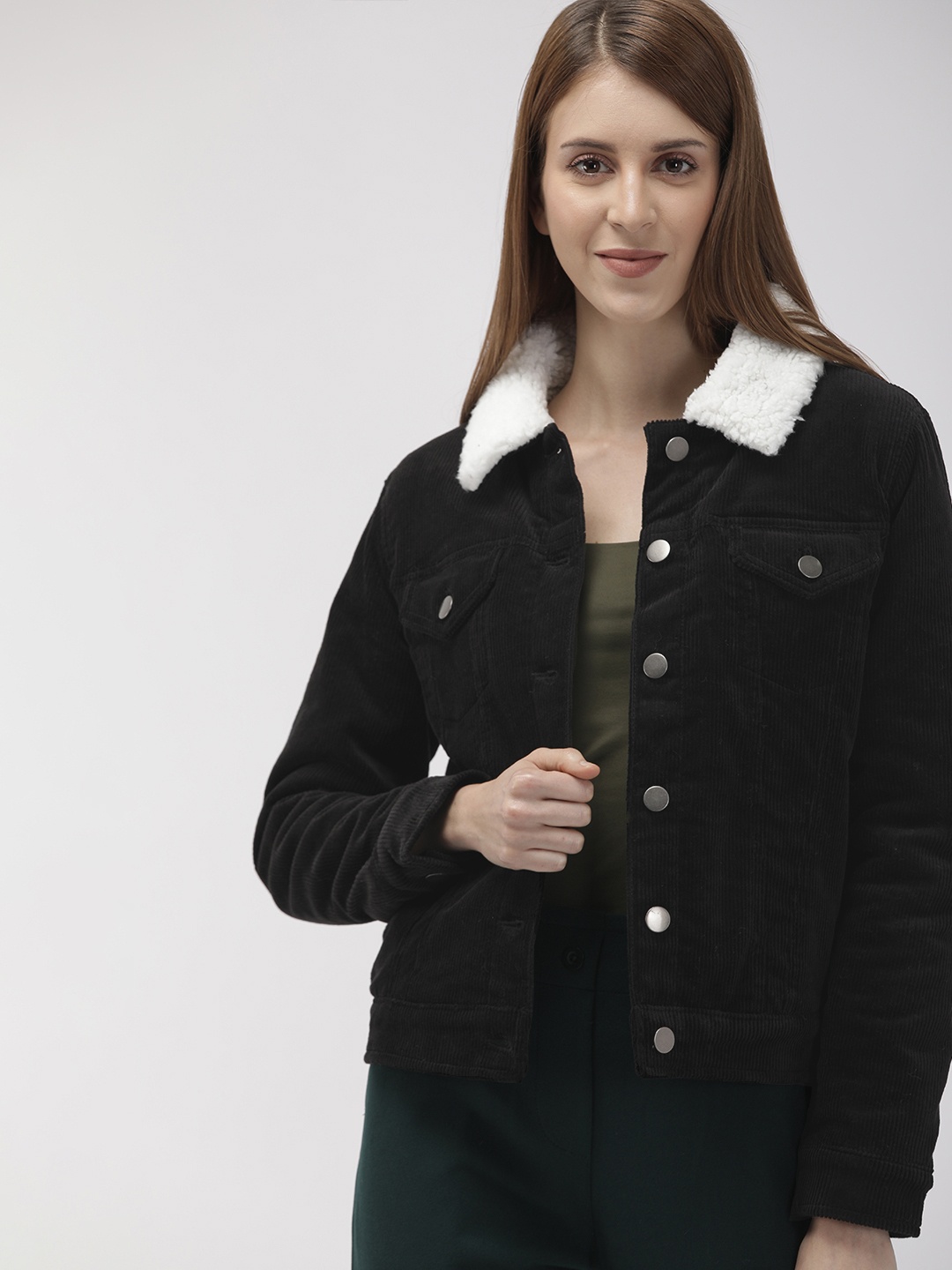 

FOREVER 21 Women Black Solid Corduroy Faux Fur Tailored Jacket