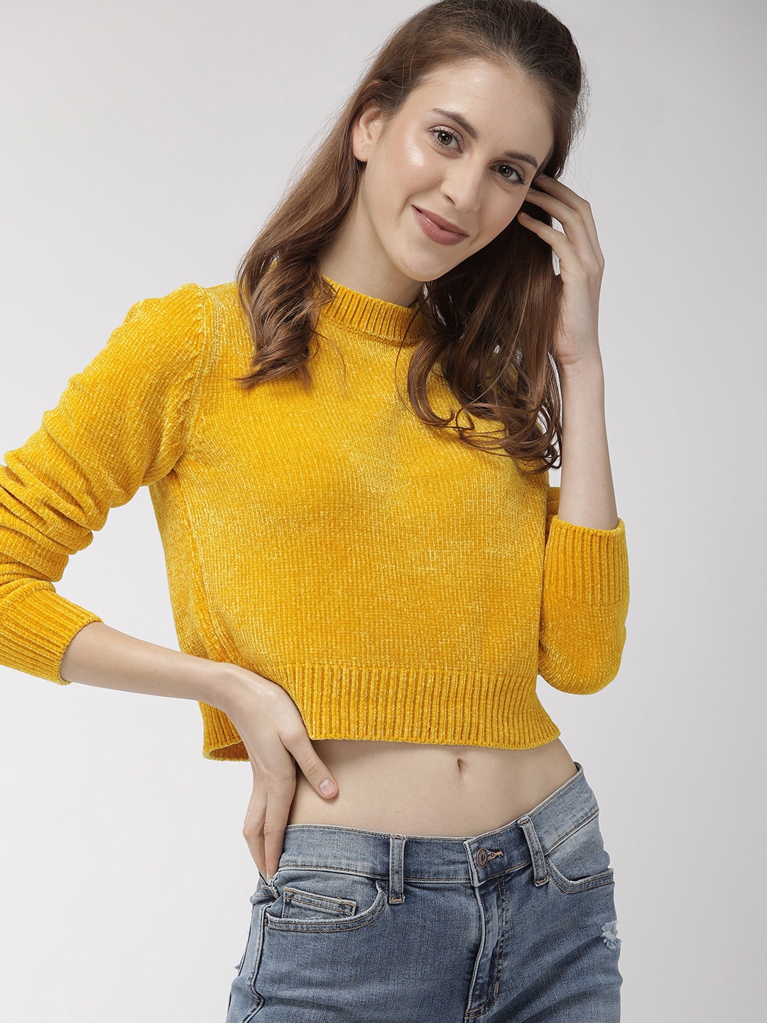 

FOREVER 21 Women Yellow Self Design Cropped Pullover Sweater