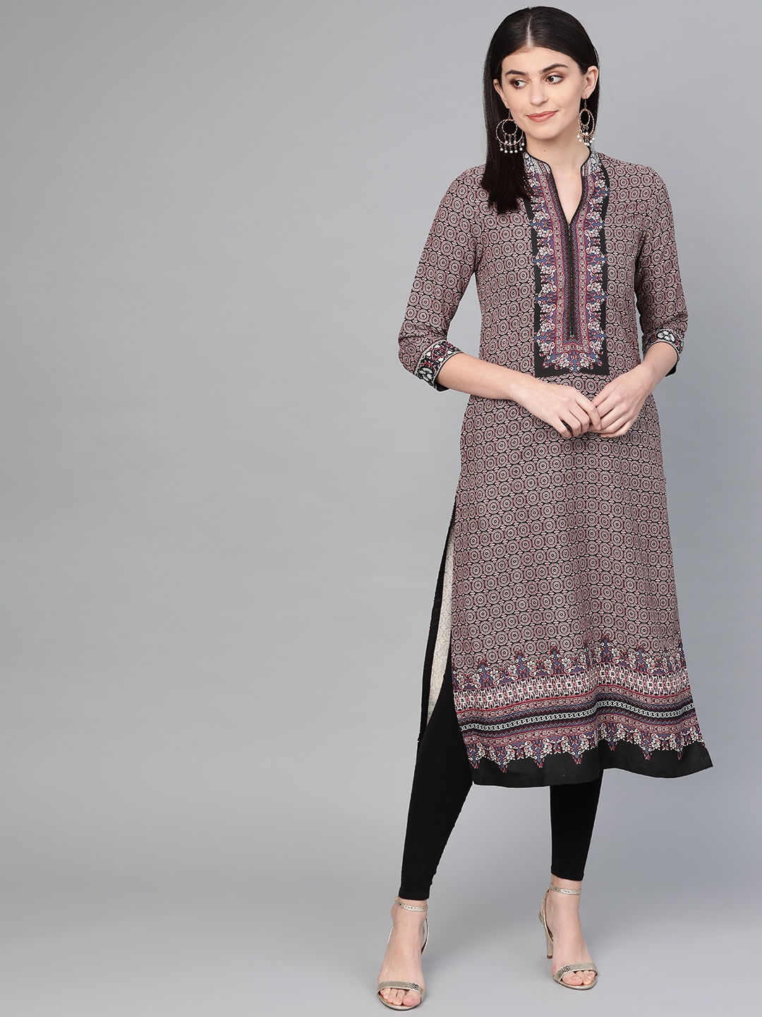 

Biba Women Black & Maroon Printed Straight Kurta