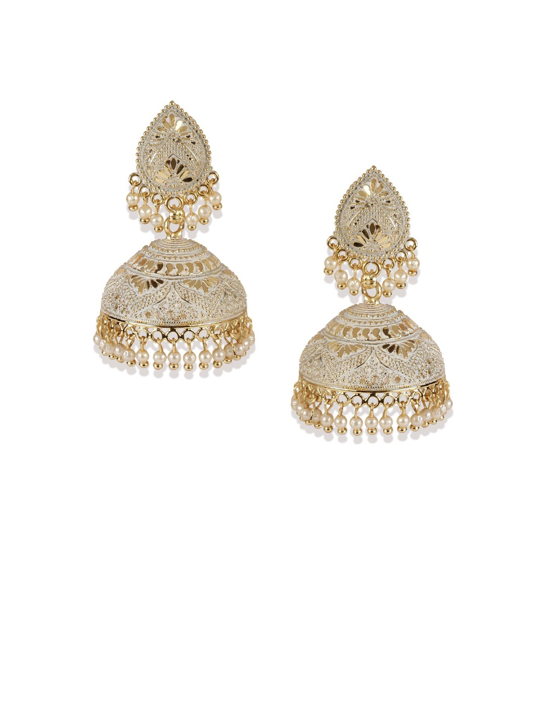 

ANIKAS CREATION Gold-Plated & White Enamelled Dome Shaped Jhumkas