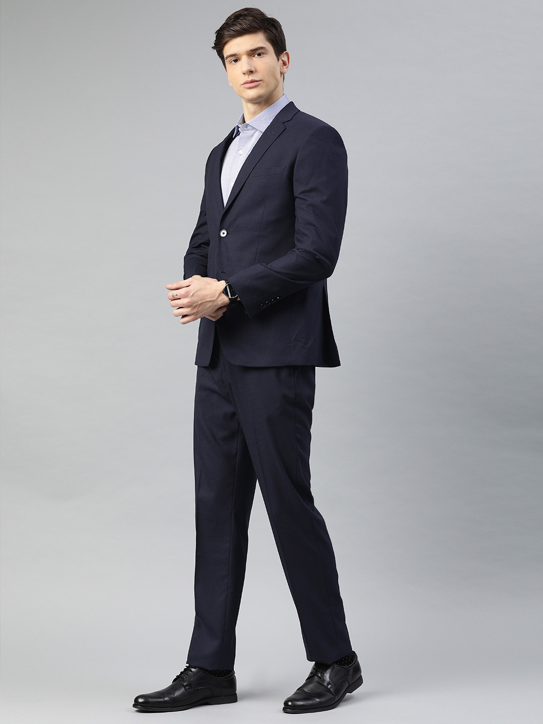 

Louis Philippe Men Navy Blue Slim Fit Self-Checked Single-Breasted Formal Suit