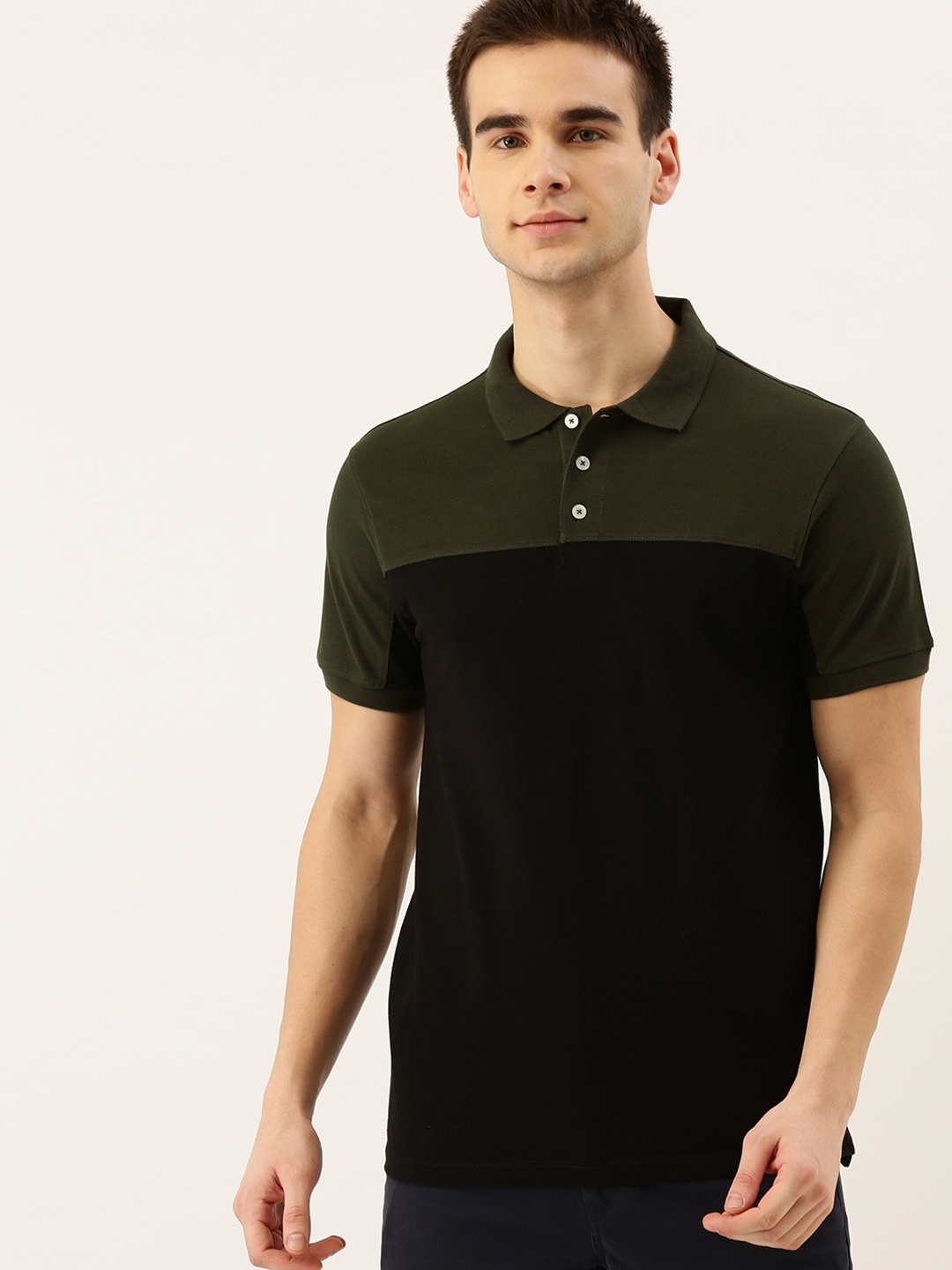 

INVICTUS Men Olive Green Black Colourblocked Polo Collar Pure Cotton T-shirt