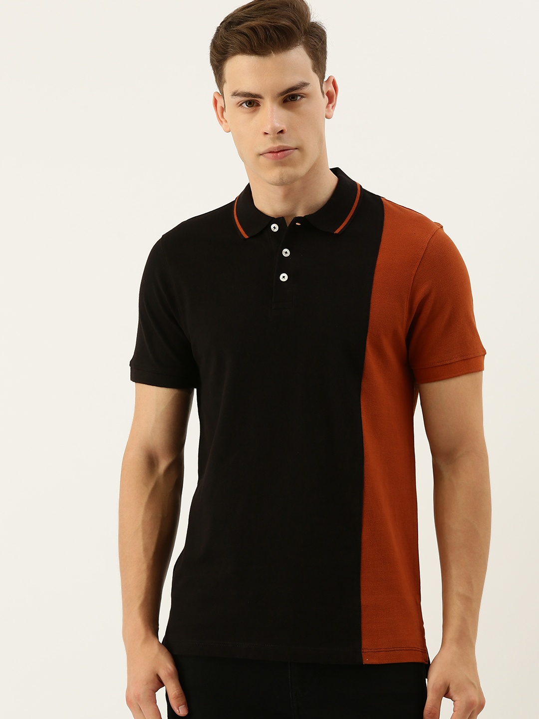 

INVICTUS Men Black Rust Red Colourblocked Polo Collar Pure Cotton T-shirt