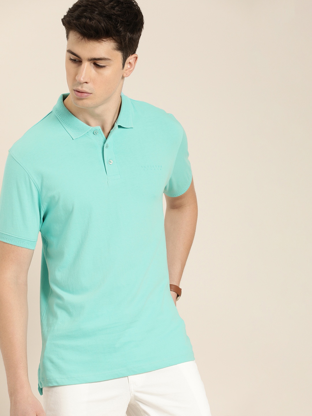 

INVICTUS Men Turquoise Blue Solid Regular Fit Polo Collar Pure Cotton T-shirt
