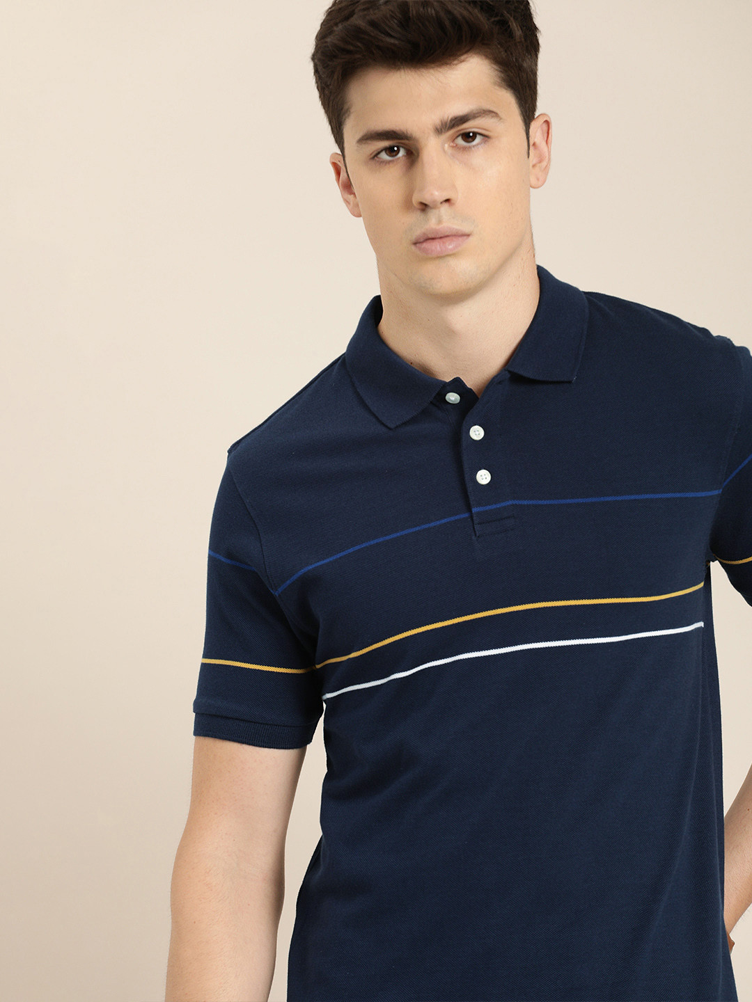 

INVICTUS Men Navy Blue White Striped Regular Fit Polo Collar Pure Cotton T-shirt