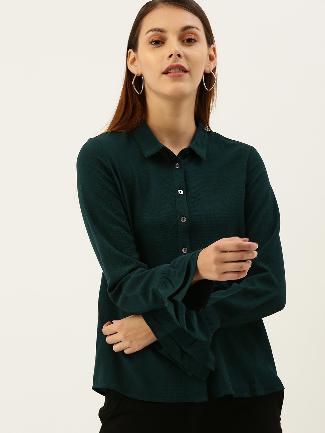 

her by invictus Women Green Regular Fit Solid Casual Shirt with Tiered-Bell Sleeves