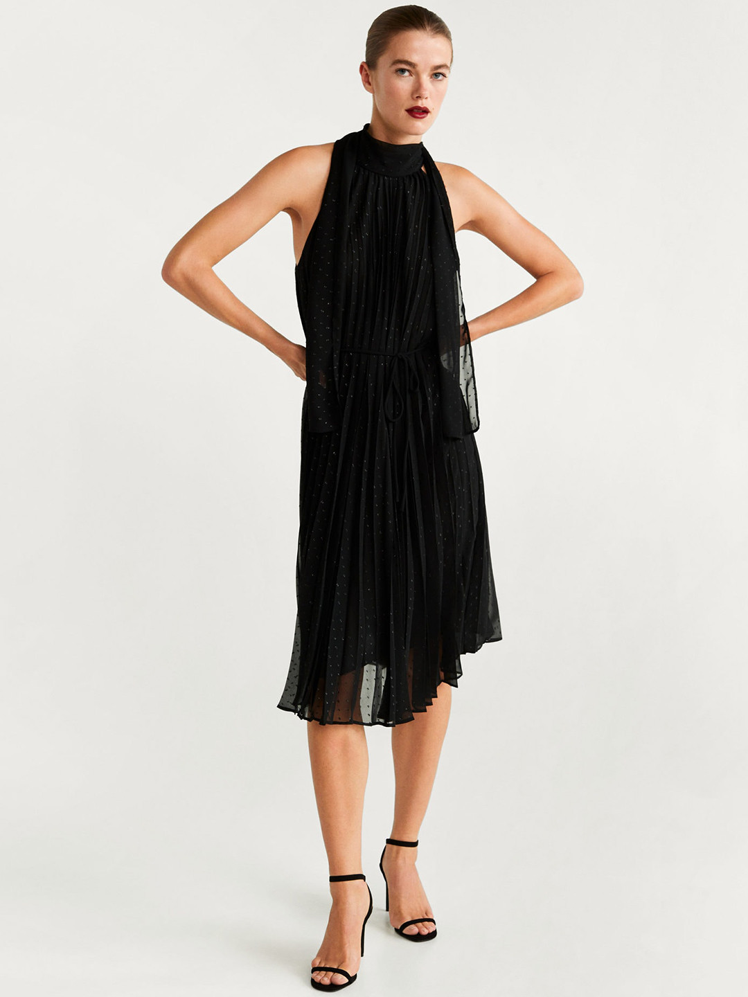 

MANGO Women Black Dobby Self Design A-Line Dress