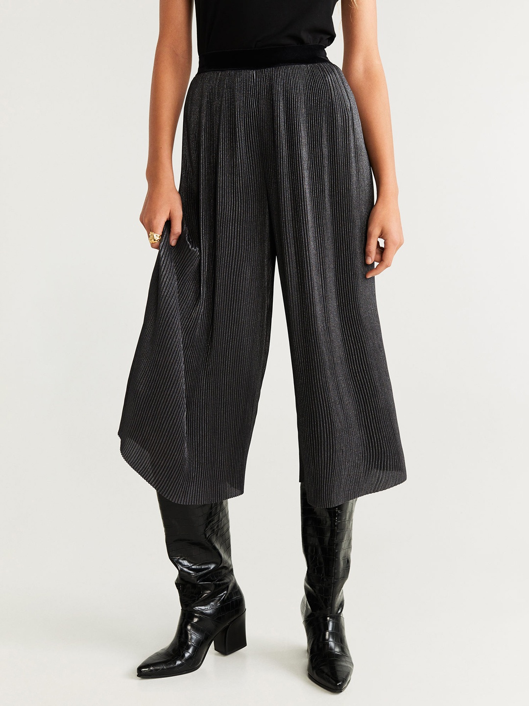 

MANGO Women Charcoal Grey Pleated Solid Culottes