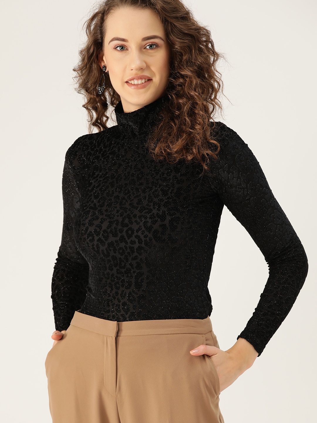 

MANGO Women Black Shimmered Detail Self Design Fitted Top