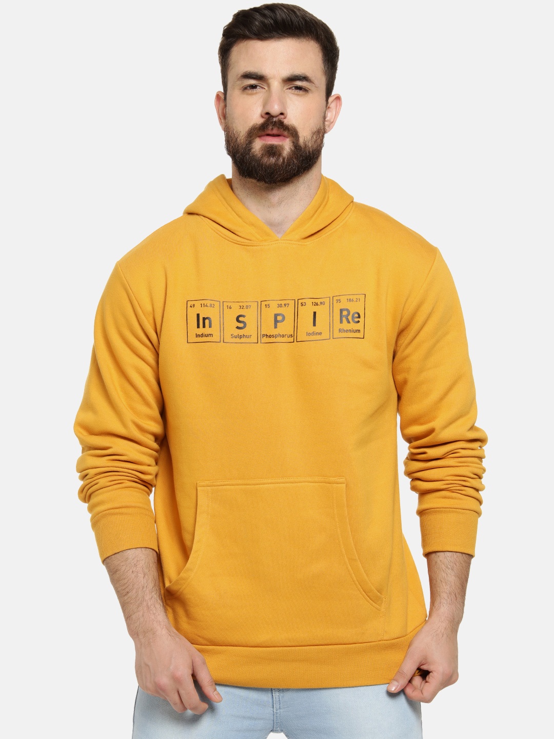 

Campus Sutra Men Mustard Yellow Printed Hooded Pullover Sweatshirt