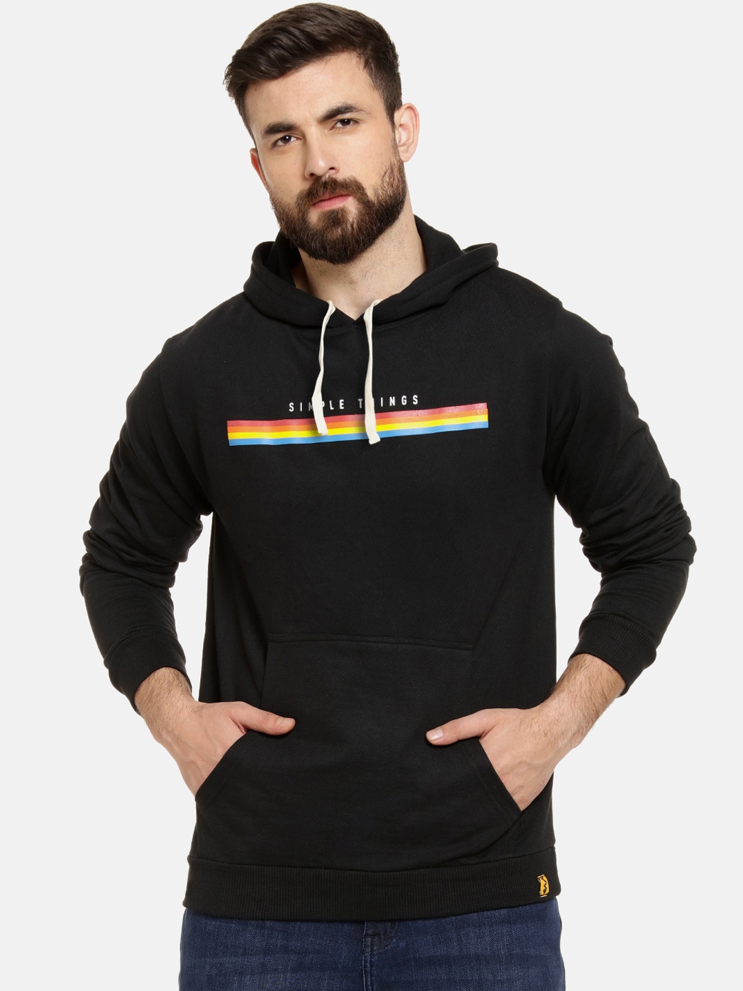 

Campus Sutra Men Black Striped Hooded Pullover Sweatshirt