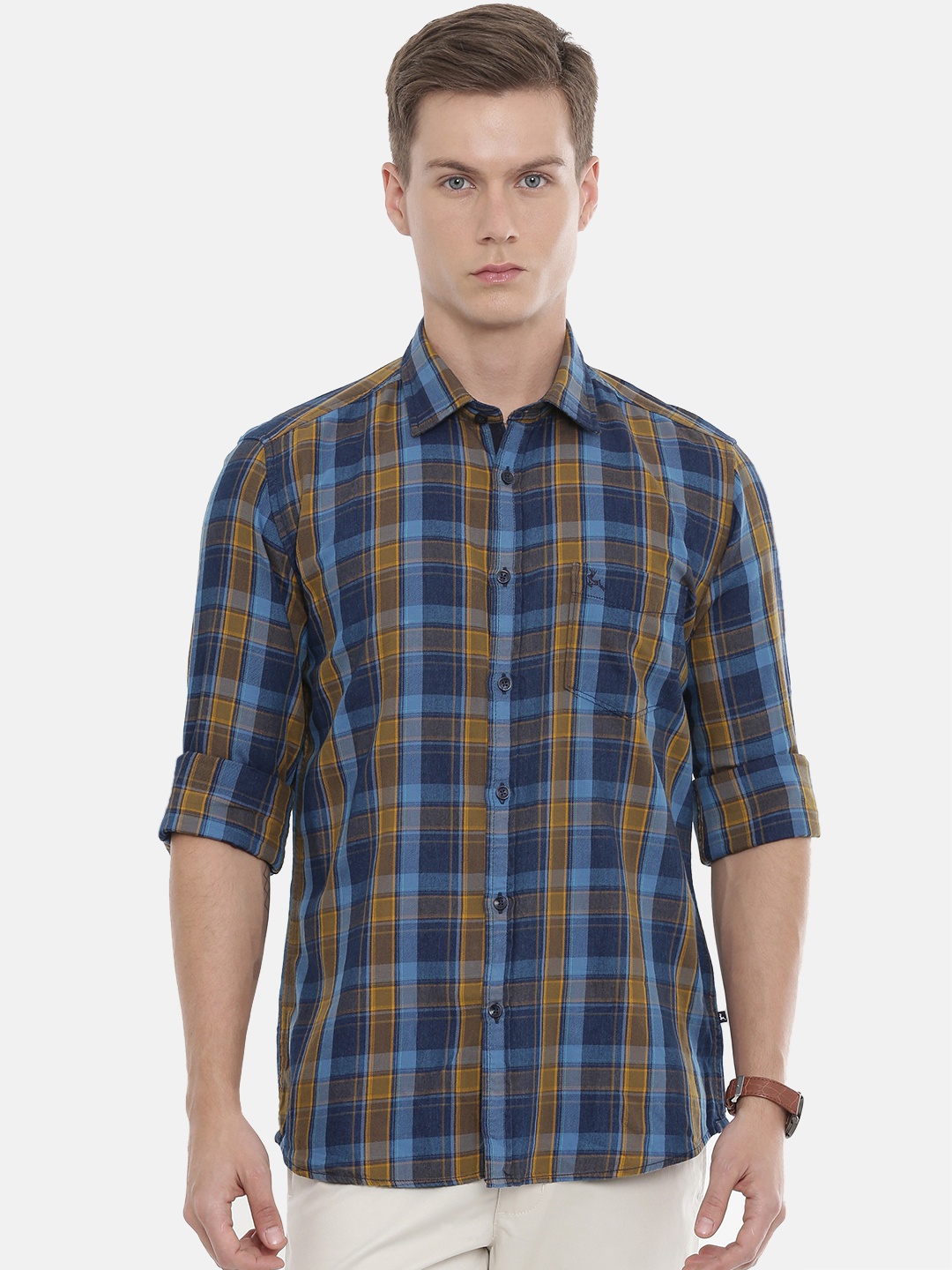 

Parx Men Navy Blue & Mustard Yellow Slim Fit Checked Casual Shirt