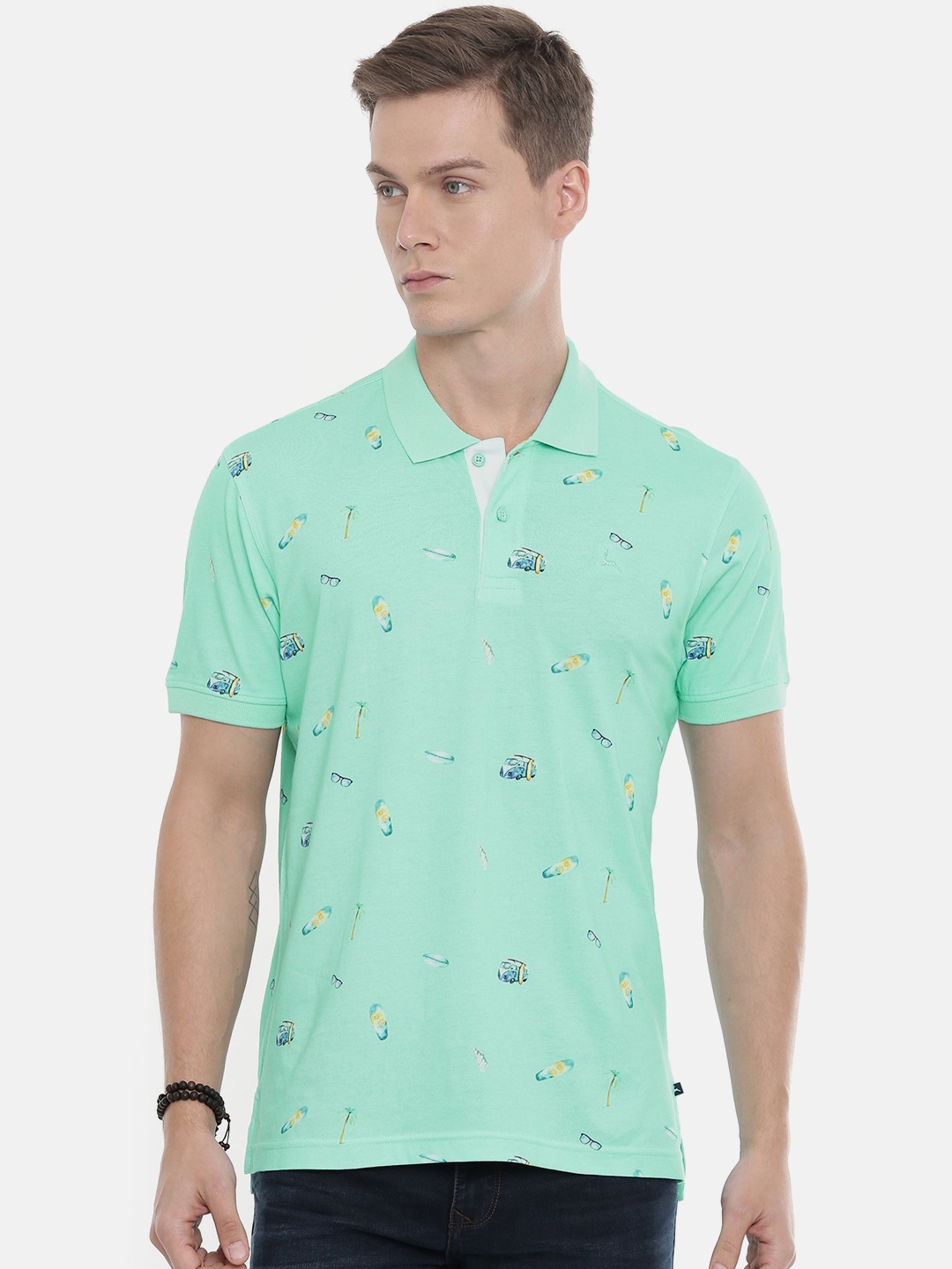 

Parx Men Sea Green Printed Polo Collar Pure Cotton T-shirt