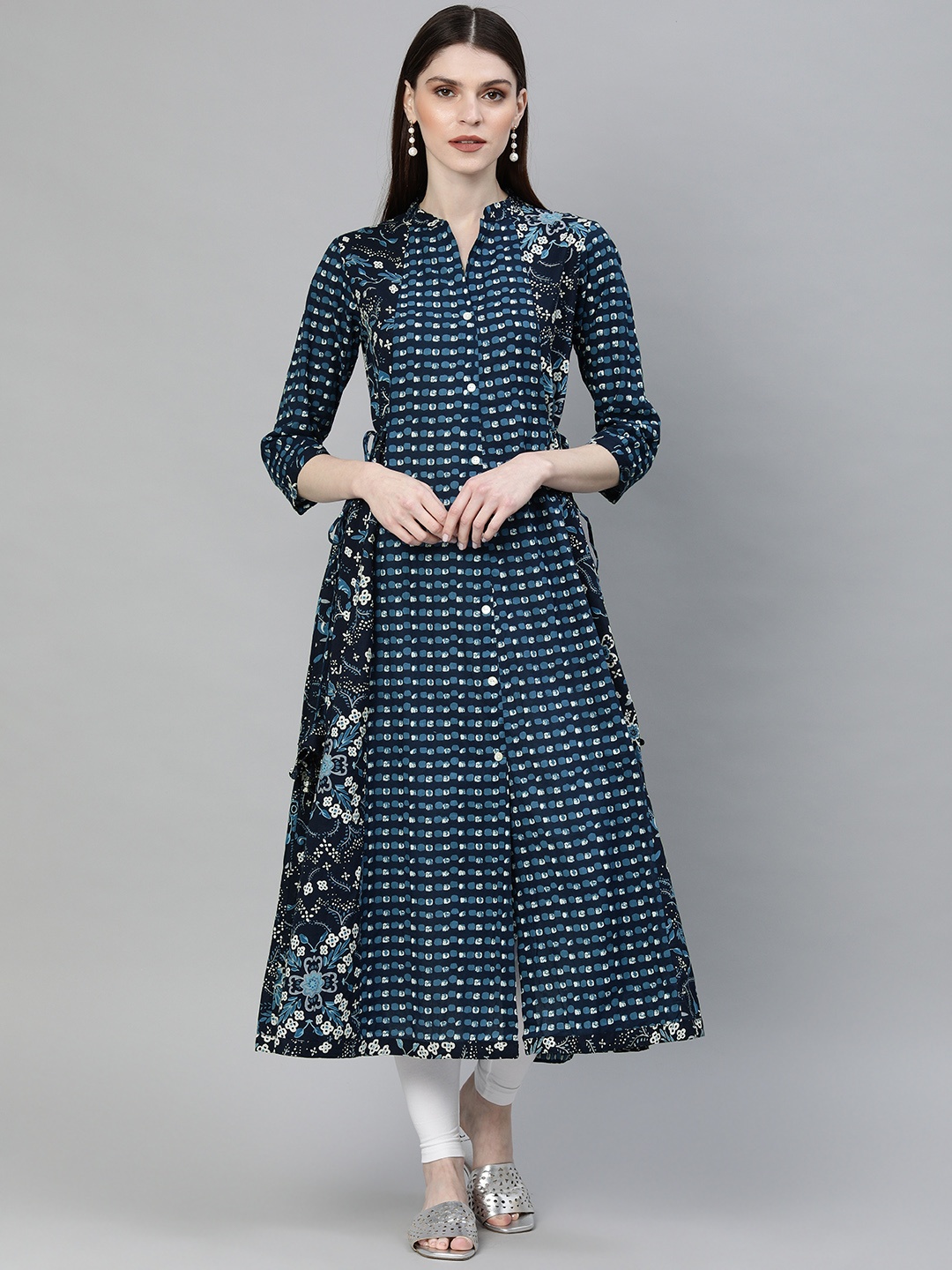 

Divena Women Navy Blue & White Printed A-Line Kurta With Tie-Up Detailing