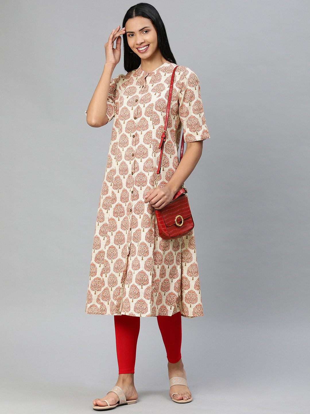 

Divena Women Cream-Coloured & Red Printed A-Line Kurta