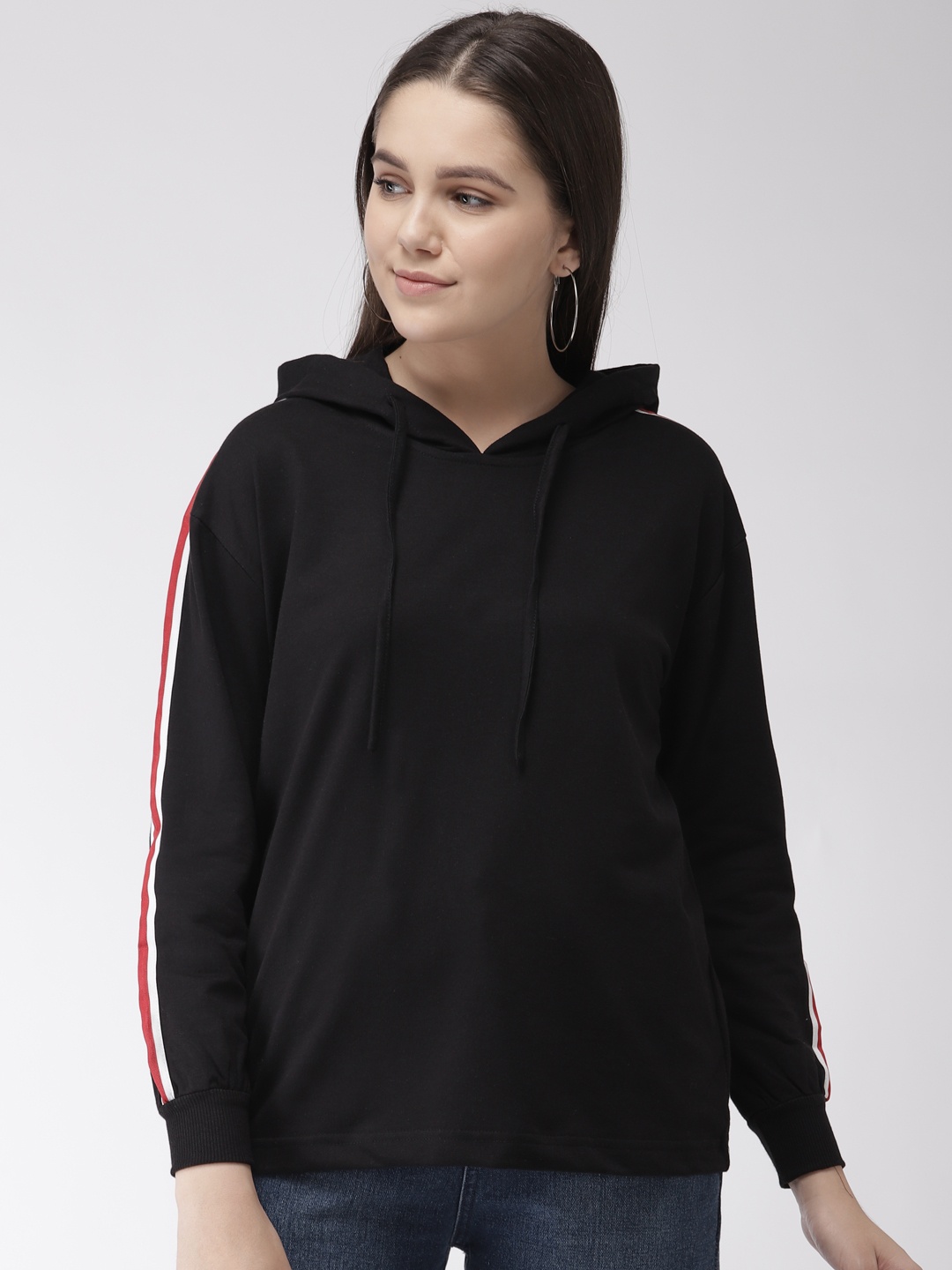

plusS Women Black Solid Hooded Sweatshirt