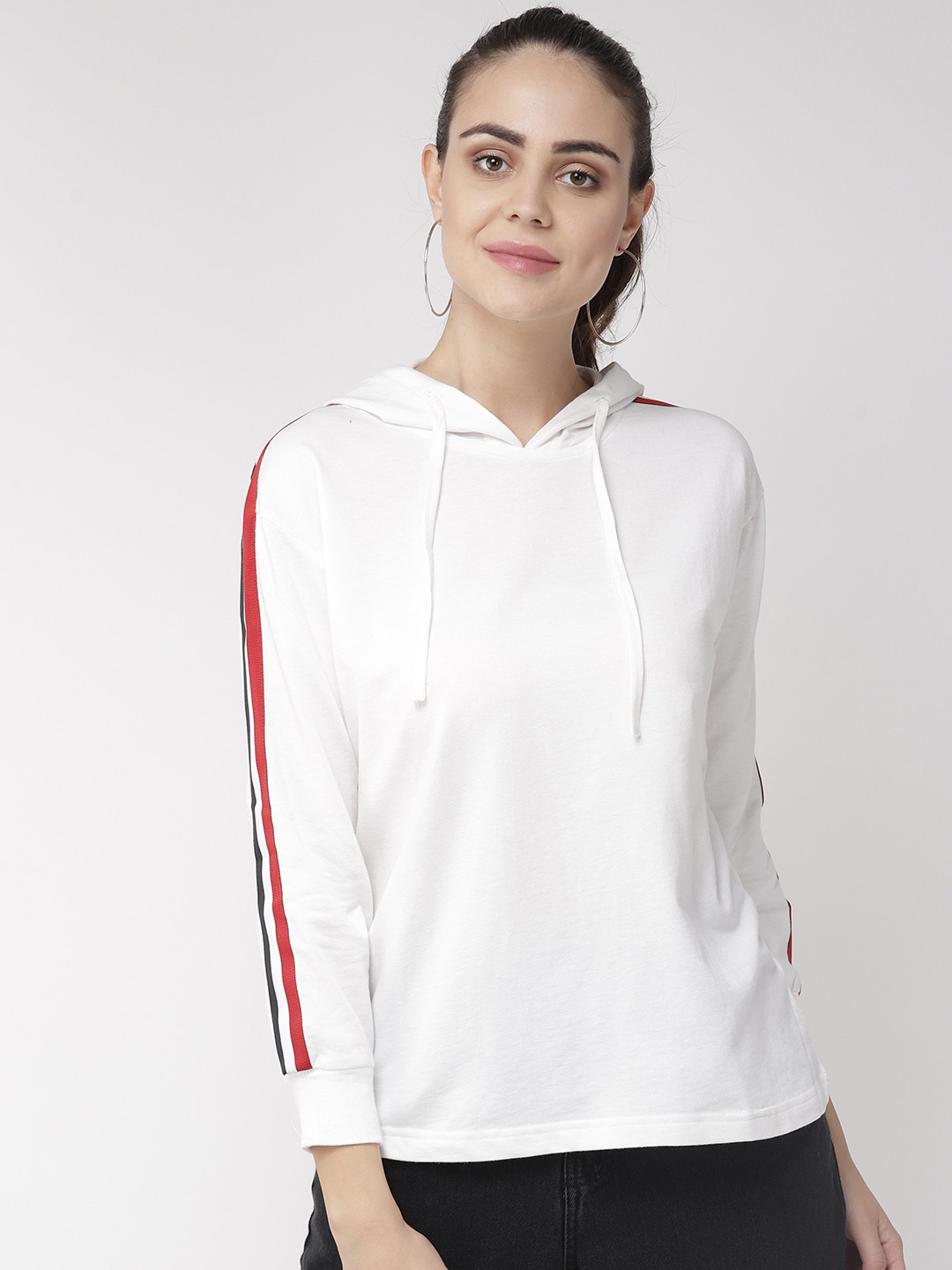 

plusS Women White Solid Hooded Sweatshirt
