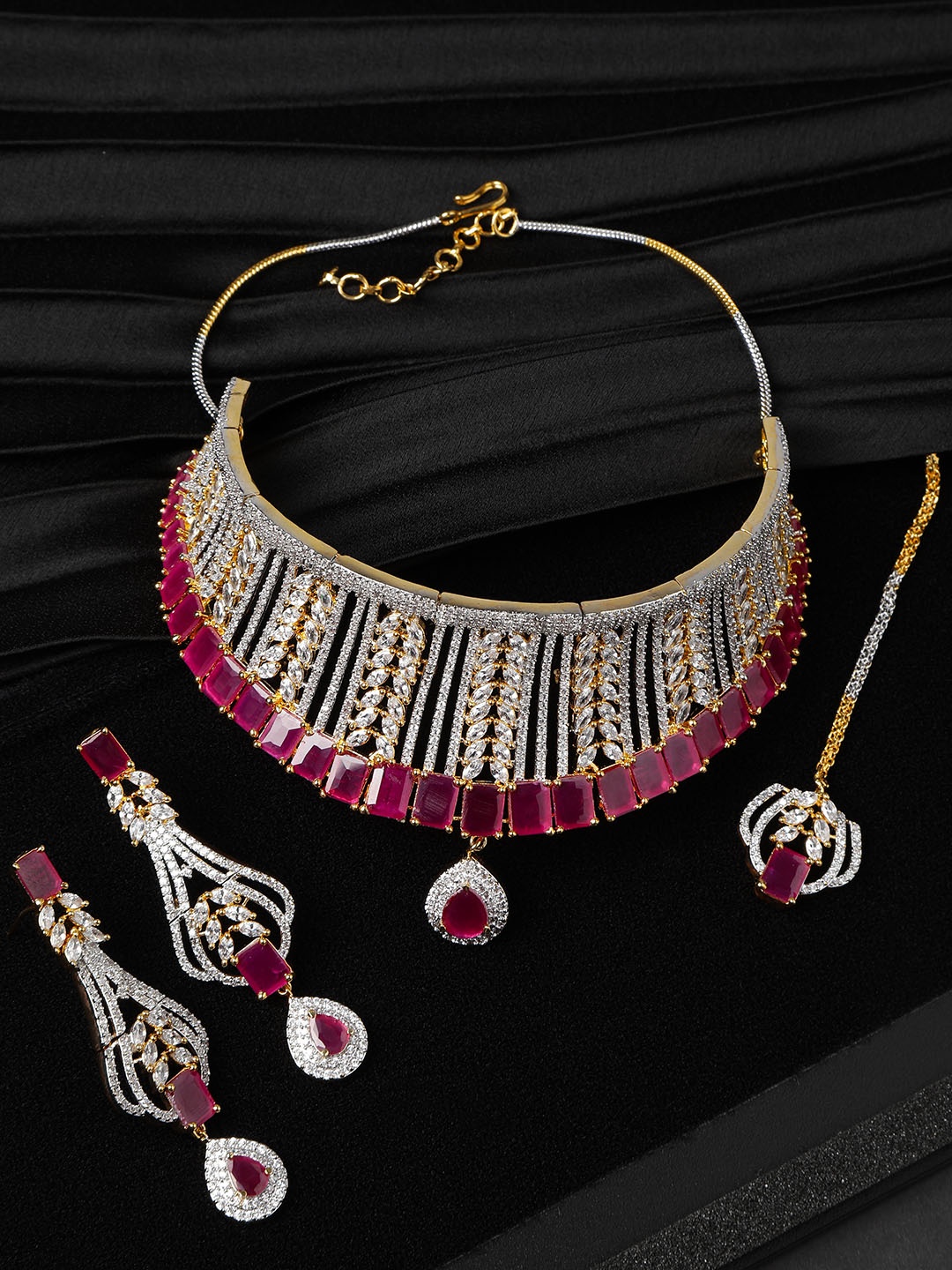 

Priyaasi Magenta Gold-Plated AD Stone Studded Jewellery Set