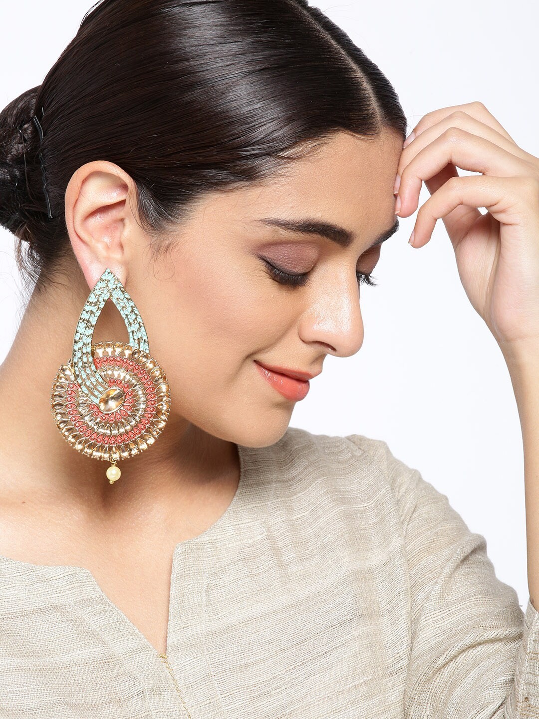 

Priyaasi Rust Red & Green Gold-Plated Hand Painted Circular Drop Earrings