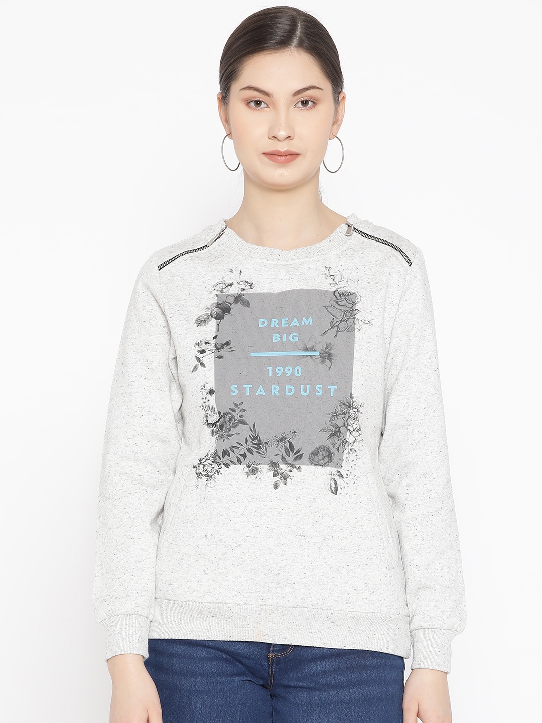 

Duke Women Grey Melange & Blue Printed Sweatshirt
