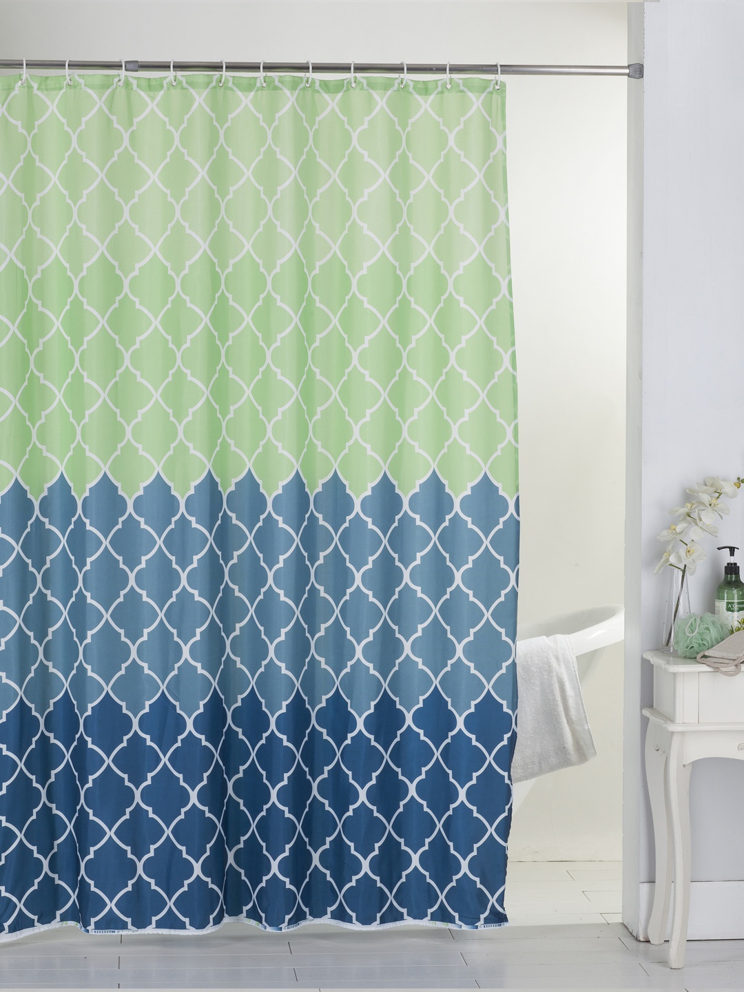 

BIANCA Blue & Green Printed Waterproof Single Shower Curtain With 12 Piece Hooks
