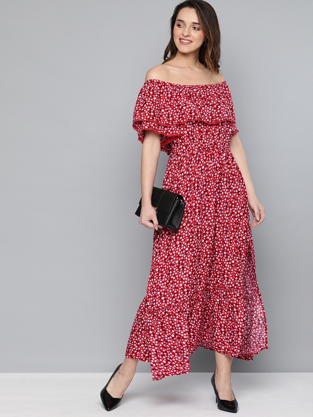 

HERE&NOW Women Red & White Printed Off-Shoulder Maxi Dress