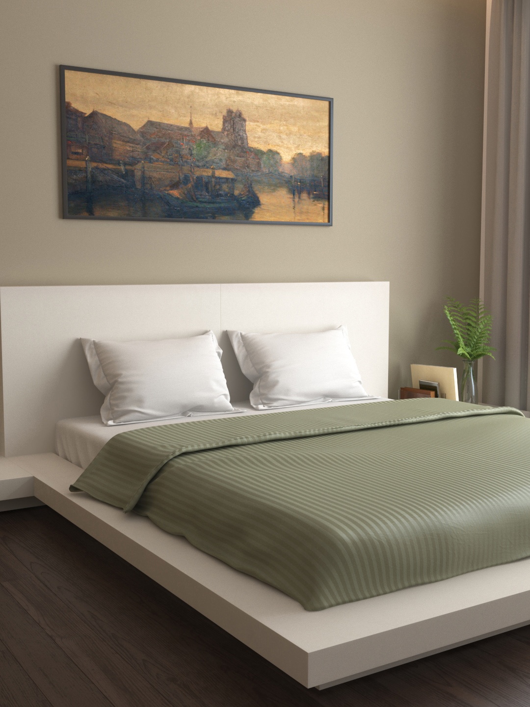 

MARK HOME Olive Green Striped 400 TC Cotton Sateen Double Bed Duvet Cover
