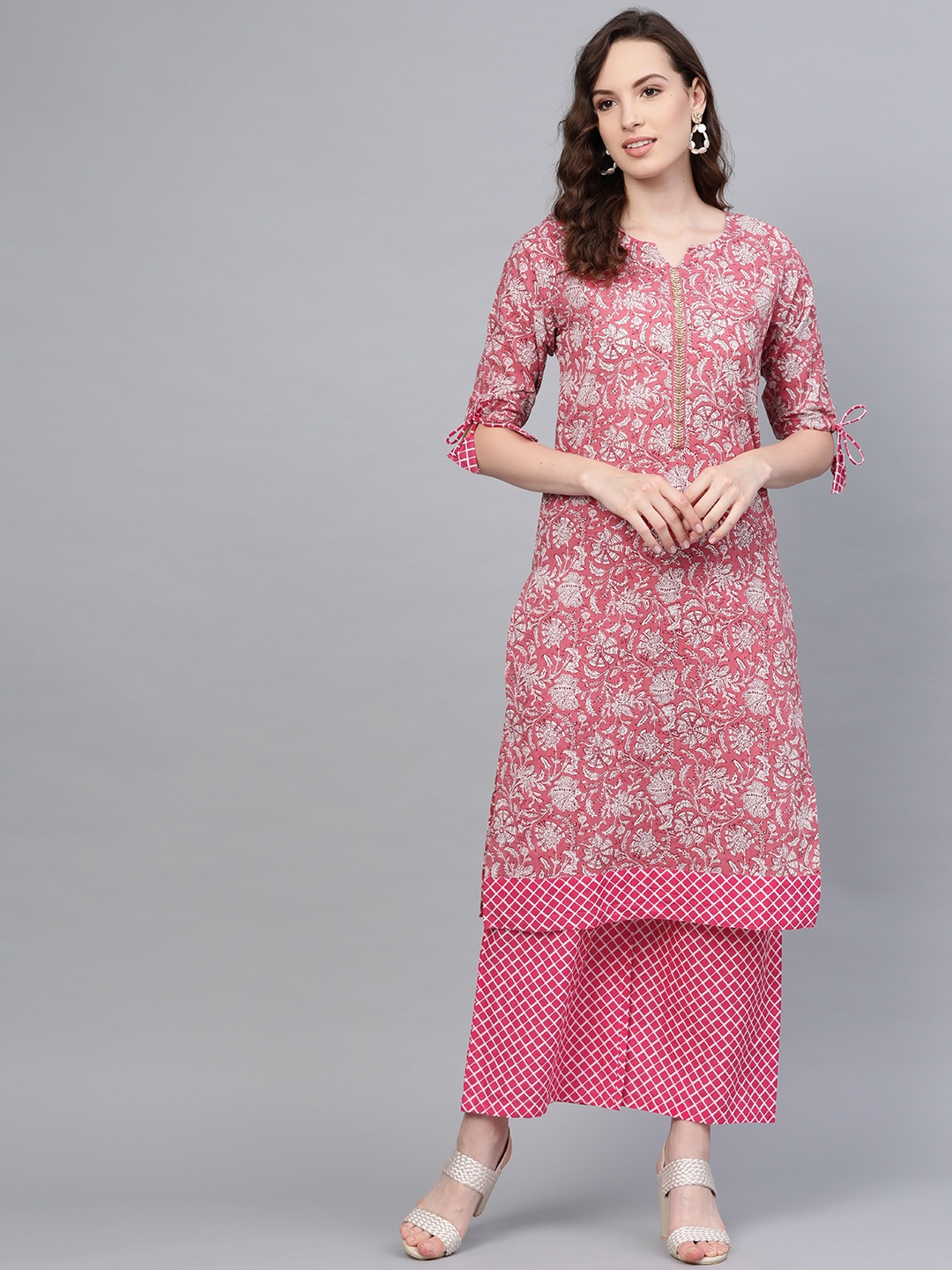 

Myshka Women Pink & Off-White Printed Kurta with Palazzos