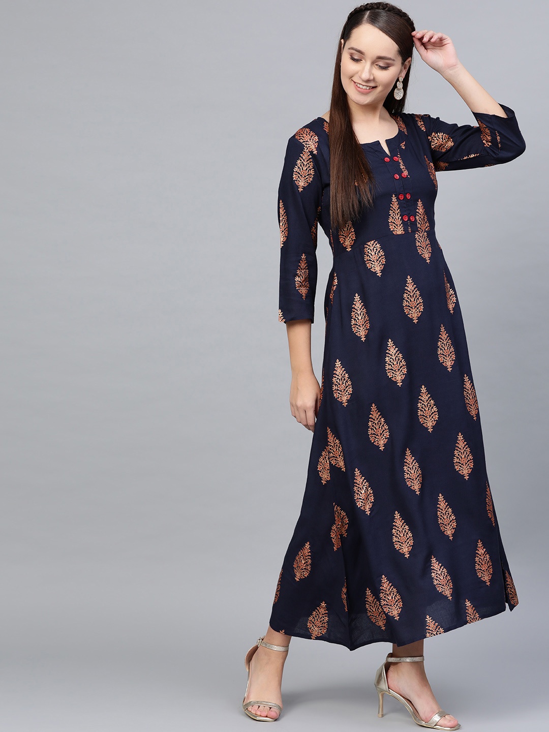 

Myshka Women Navy Blue & Orange Printed Maxi A-Line Dress