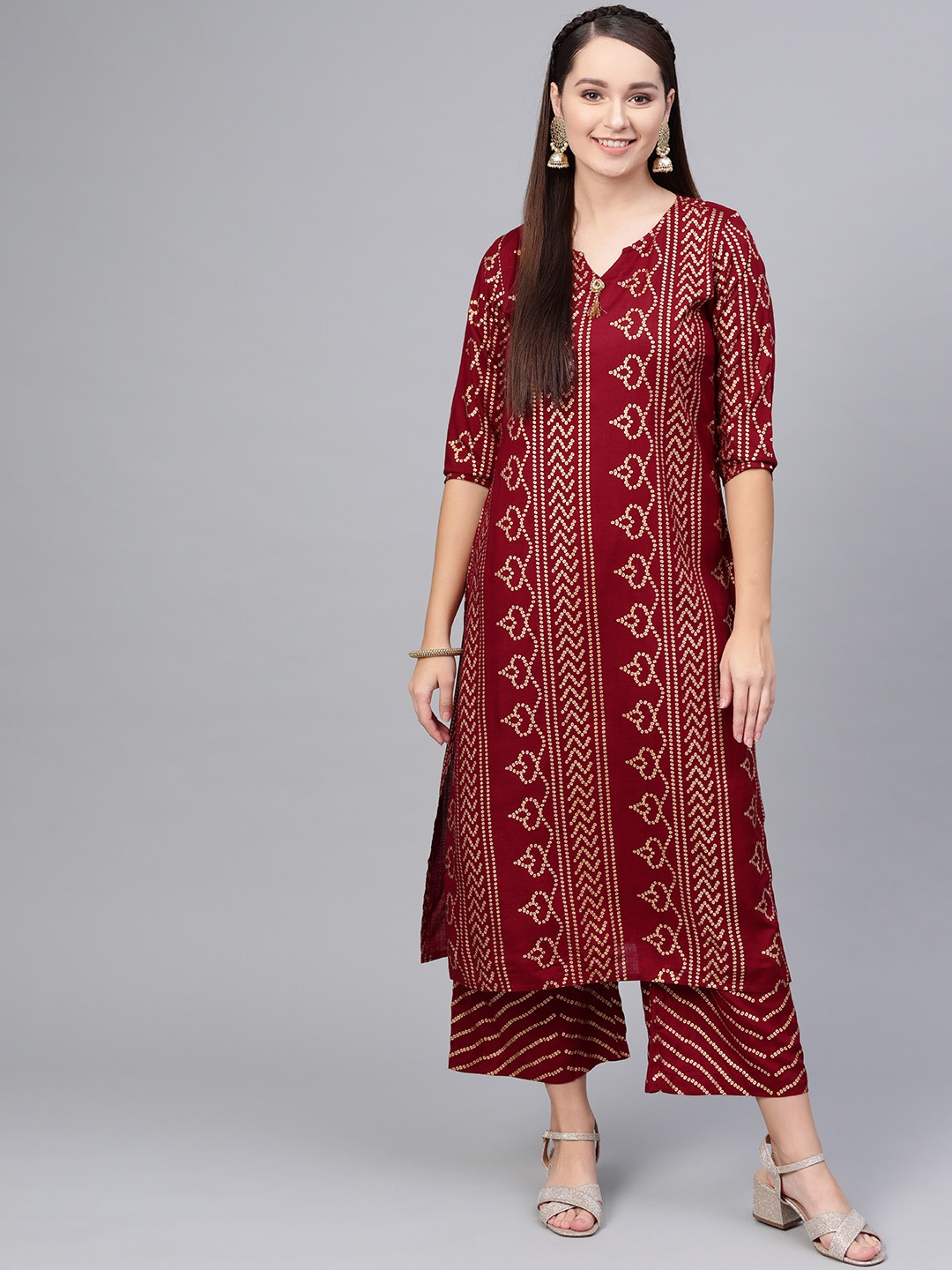 

Myshka Women Maroon & Golden Bandhani Print Straight Kurta with Palazzos