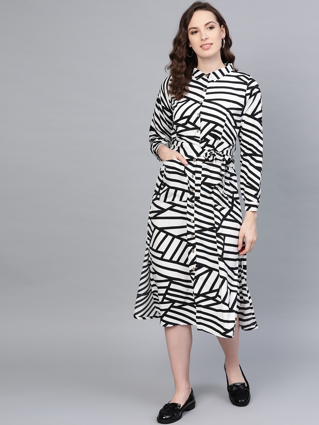 

Myshka Women White & Black Printed Midi Shirt Dress
