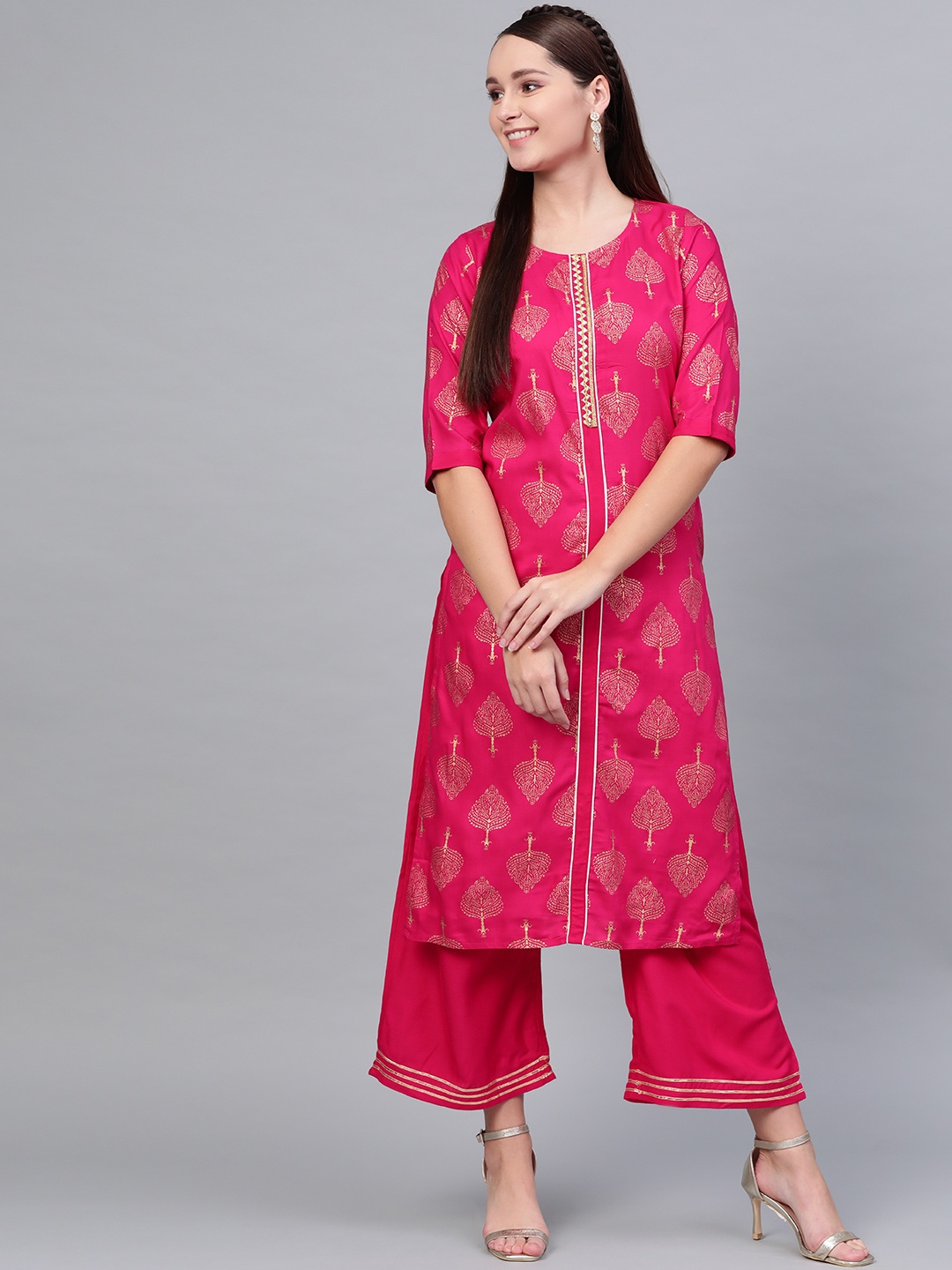 

Myshka Women Pink & Golden Printed Kurta with Palazzos
