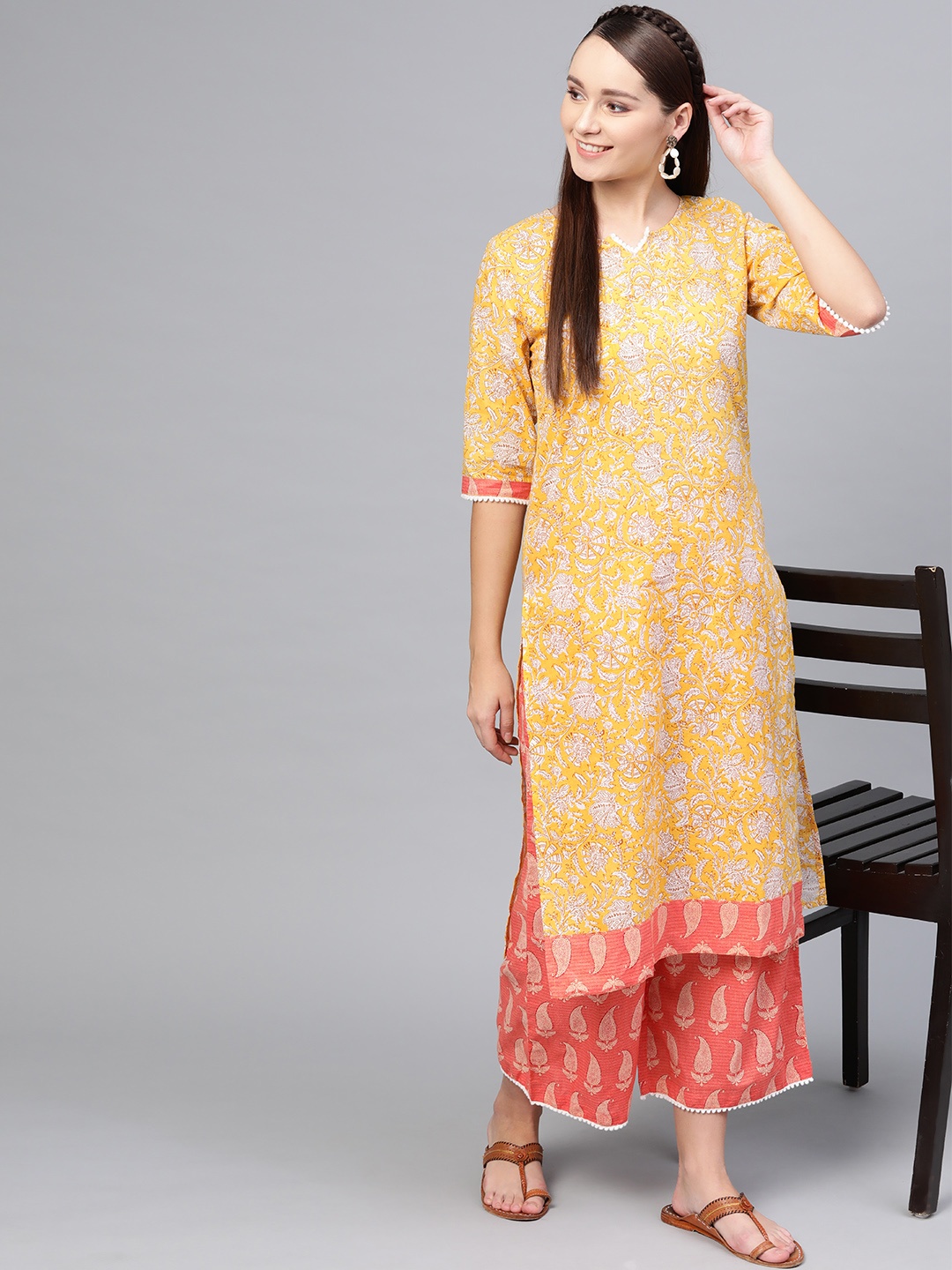 

Myshka Women Yellow & Coral Pink Printed Kurta with Palazzos