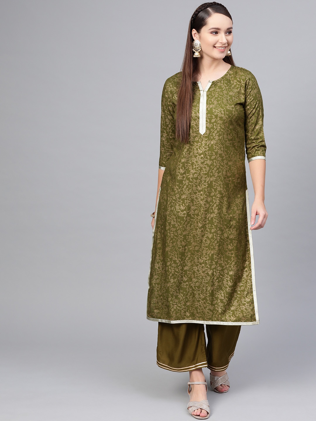 

Myshka Women Olive Green & Golden Printed Kurta with Palazzos