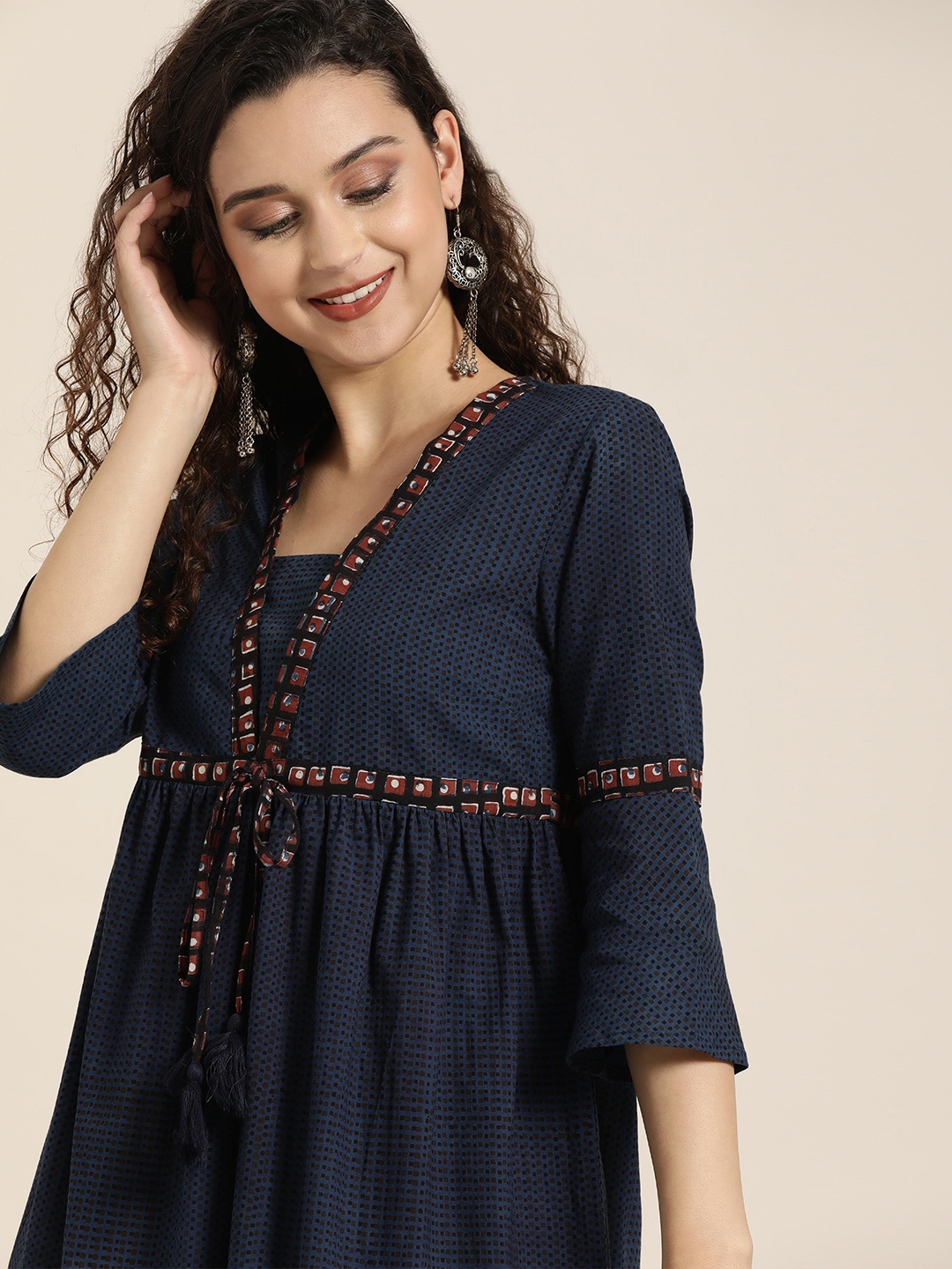 

Taavi Women Navy Blue & Maroon Bagru Hand Block Print A-Line Sustainable Dress with Tie-Up Detail